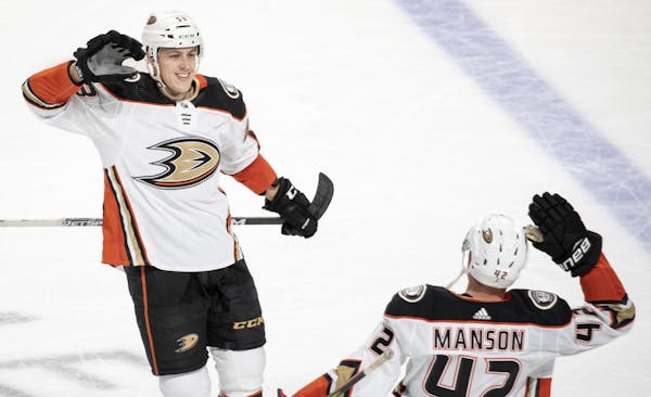 Max Comtois (53) of the Anaheim Ducks celebrated after scoring the winner during the overtime shootout.