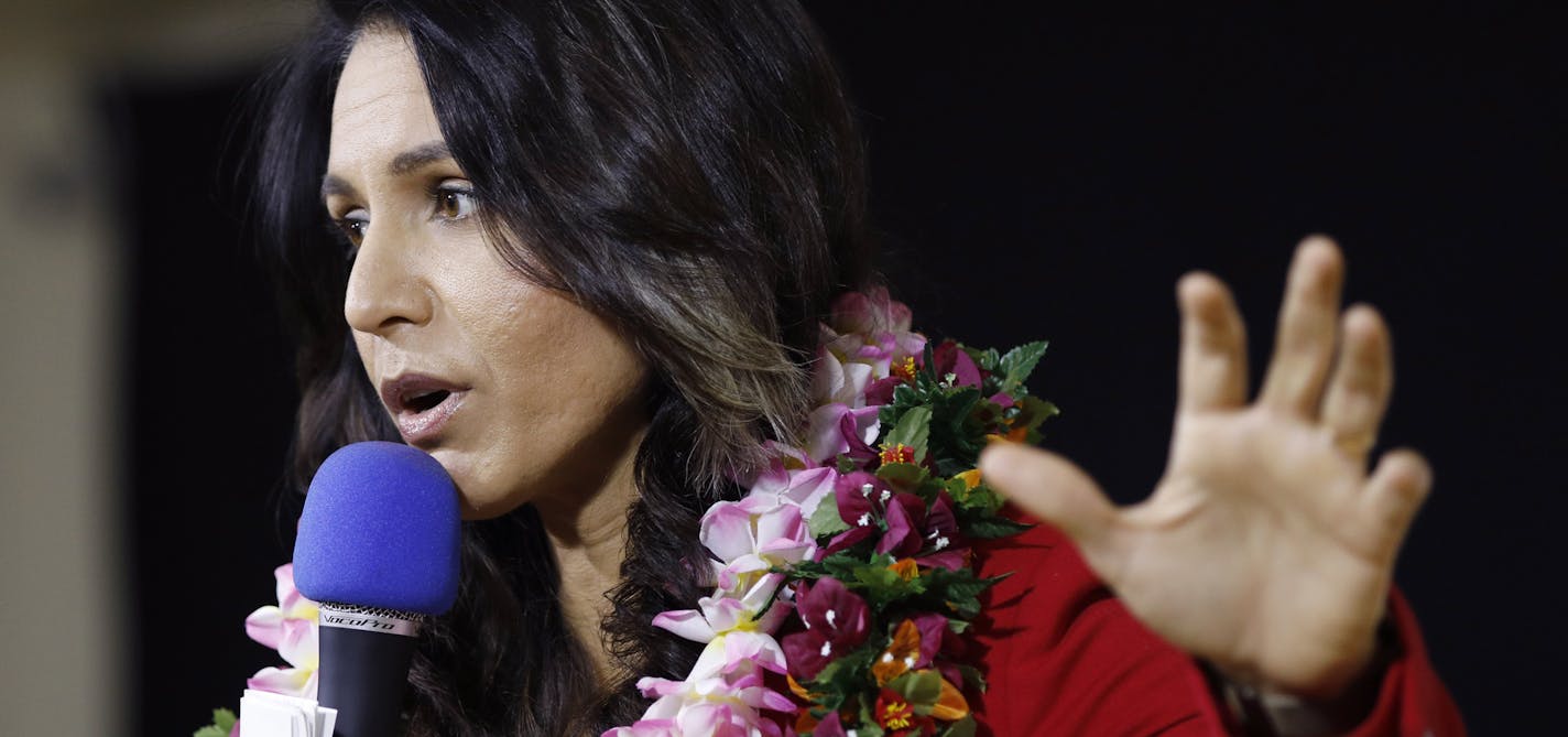 Presidential hopeful U.S. Rep. Tulsi Gabbard, D-Hawaii, speaks at an event Monday, March 18, 2019, in Las Vegas. (AP Photo/John Locher)