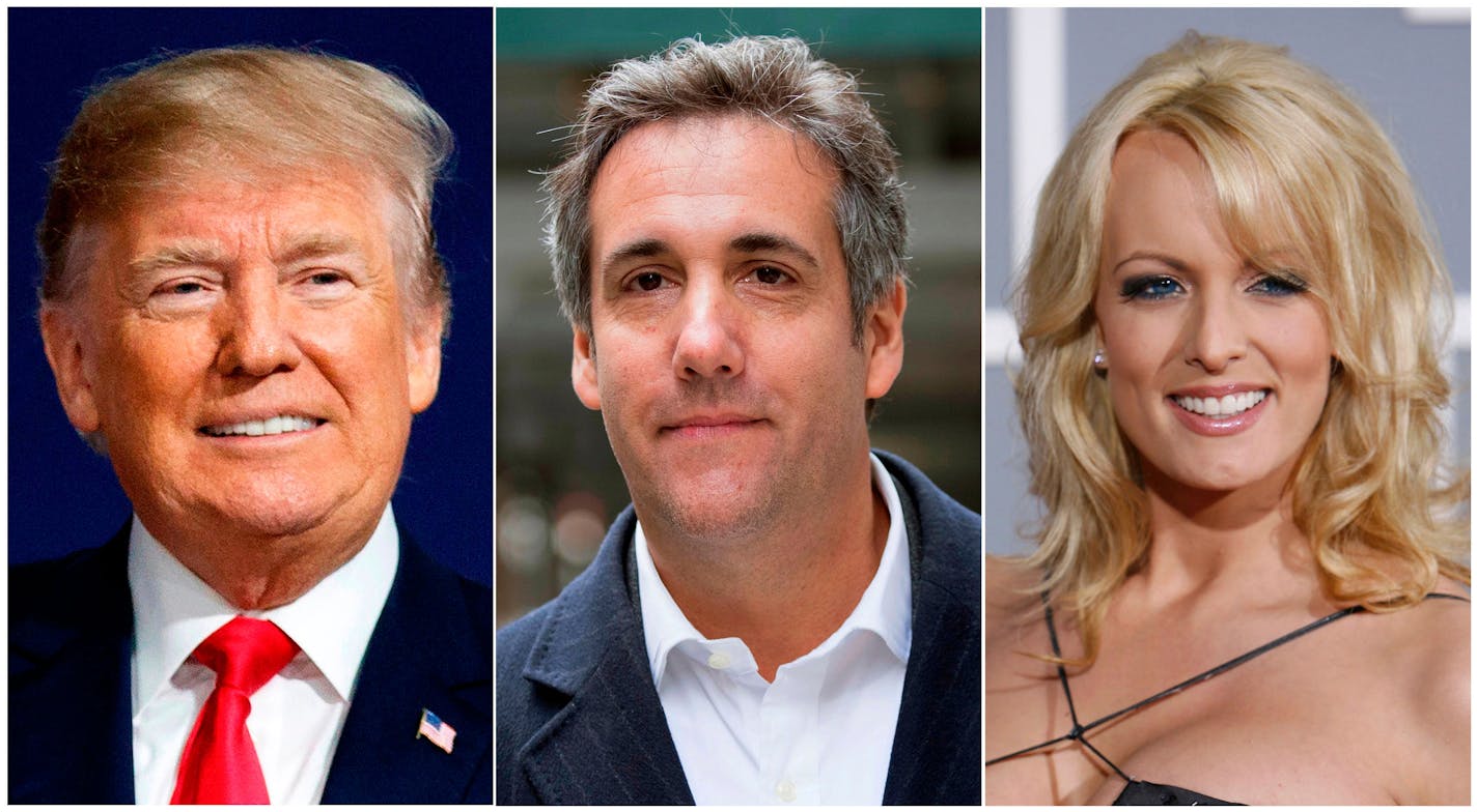 FILE - This combination of file photo shows, from left, President Donald Trump, attorney Michael Cohen and adult film actress Stormy Daniels. Search warrants unsealed Thursday, July 18, 2019, shed new light on the president's role as his campaign scrambled to respond to media inquiries about hush money paid to two women who said they had affairs with him. The investigation involved payments Cohen helped orchestrate to Daniels and Playboy centerfold Karen McDougal. (AP Photo/File)