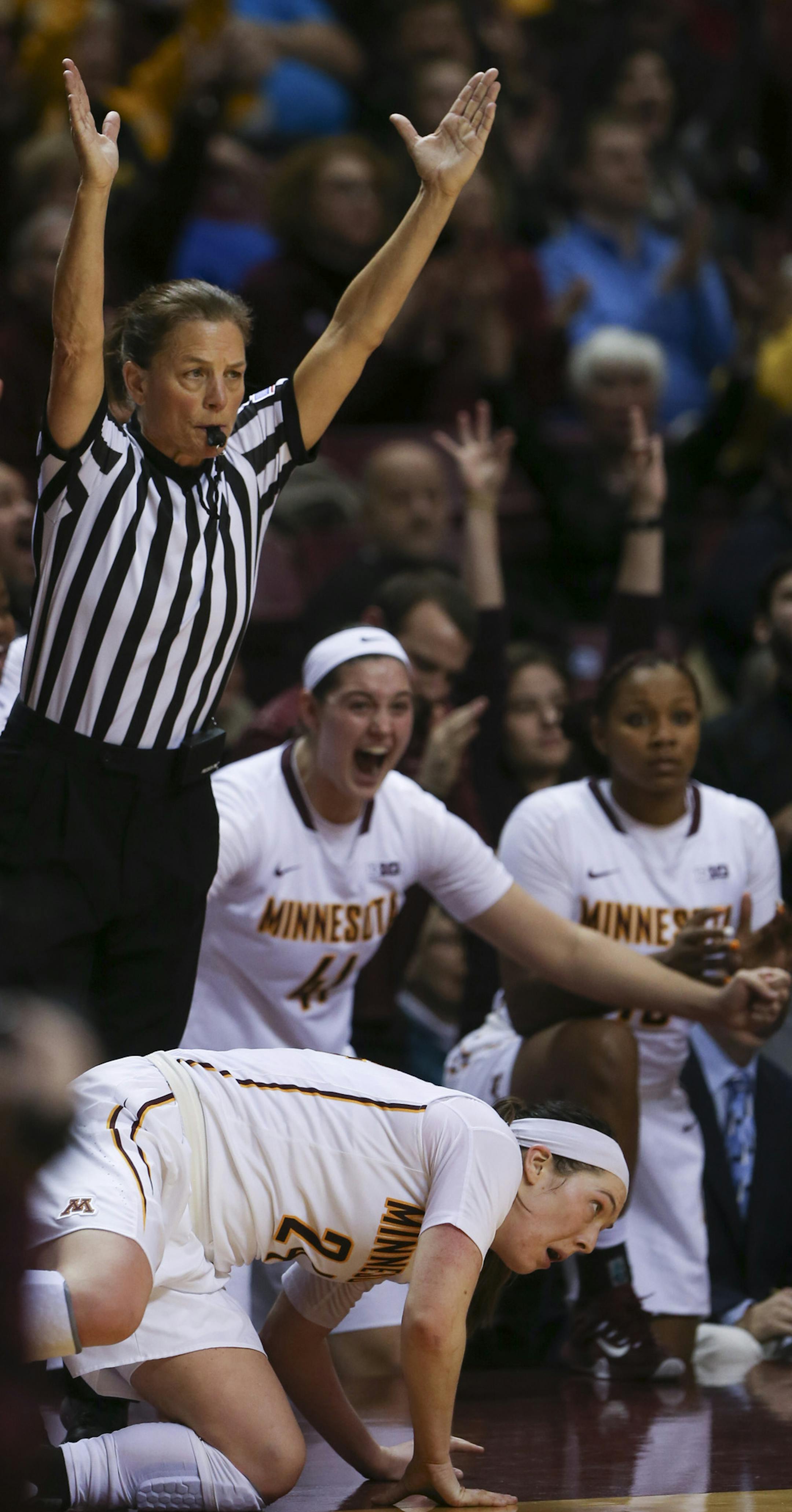The ref signaled that Gophers guard Mikayla Bailey (24) shot with about 18 seconds left on the clock was a successful three pointer for what proved to be the game winner Sunday afternoon. ] JEFF WHEELER ï jeff.wheeler@startribune.com The University of Minnesota women's basketball beat Indiana University 78-76 in a Big 10 game Sunday afternoon, January 17, 2016 at Williams Arena in Minneapolis.