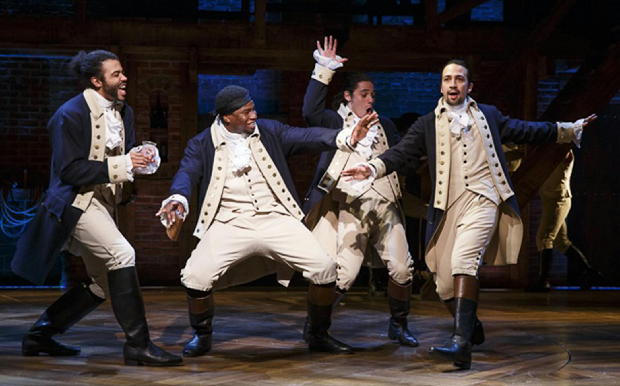 Daveed Diggs as Marquis de Lafayette, Okieriete Onaodowan as Hercules Mulligan, Anthony Ramos as John Laurens and Lin-Manuel Miranda as Alexander Hamilton in "Hamilton." (Joan Marcus)