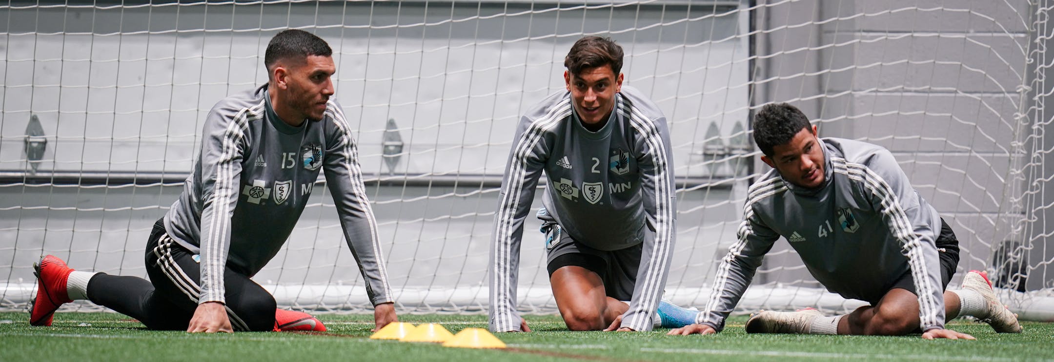 New Zealand natives and Minnesota United teammates Michael Boxall (15), Noah Billingsley (2) and James Musa (41) stretched during practice in Blaine, Minn. on Friday, January 24, 2020. ] Shari L. Gross ¥ shari.gross@startribune.com Seeking art of three New Zealander players, portrait if possible, action otherwise. They are: Noah Billingsley (new draft pick), James Musa (acquired via trade) and veteran Michael Boxall. Also if possible: 15-year-old goalie Fred Emmings, a 6-foot-6 sophomore at