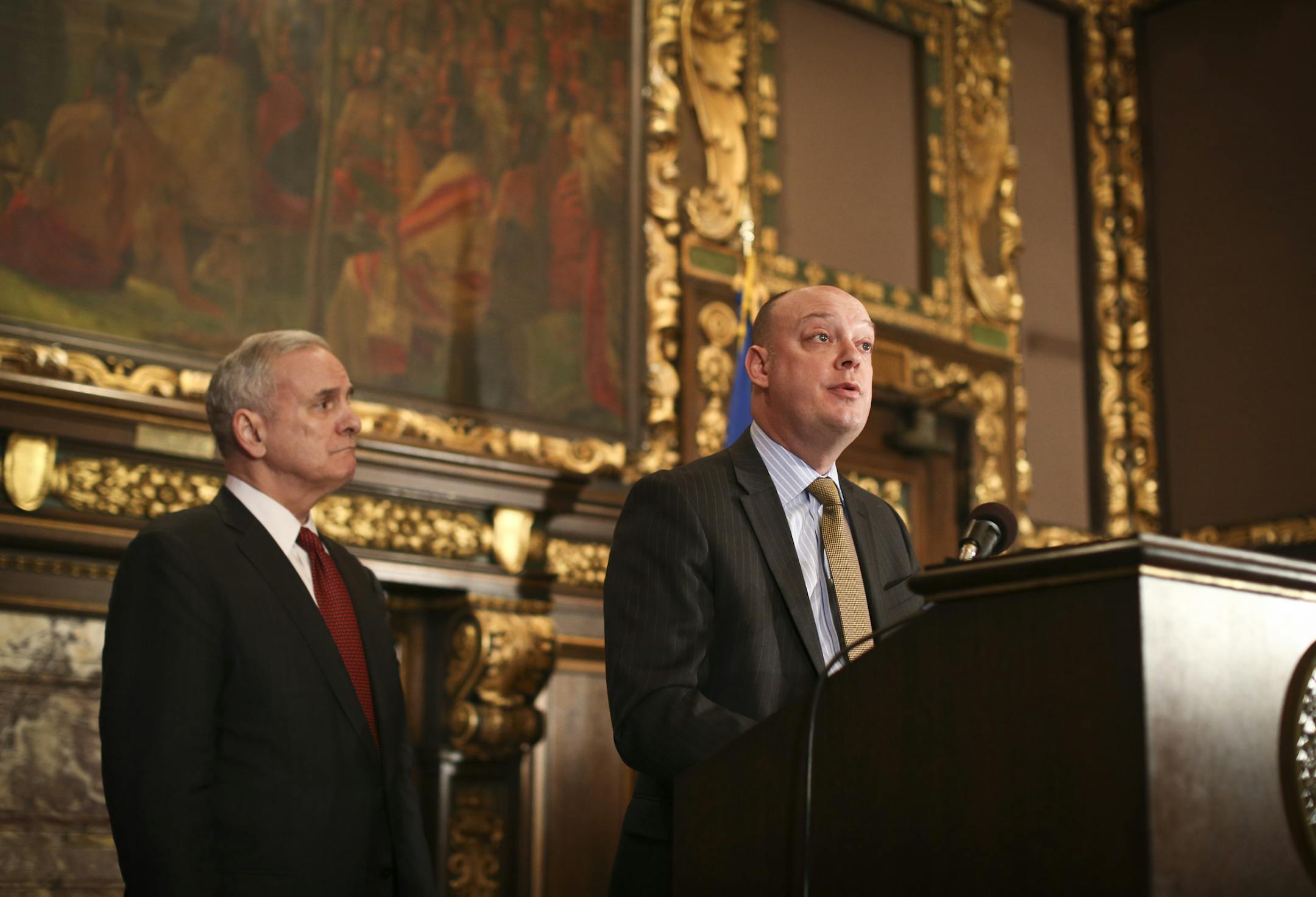 Gov. Mark Dayton and MNsure interim CEO Scott Leitz spoke at a press conference at the State Capitol in St. Paul, Minn., on Friday, March 28, 2014. (RENEE JONES SCHNEIDER • reneejones@startribune.com)