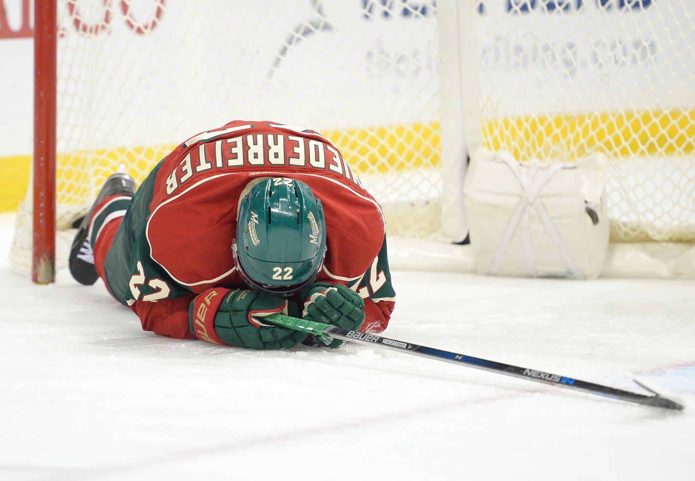 Minnesota Wild right wing Nino Niederreiter (22) was dejected after a shot taken by Boston Bruins center David Krejci (46) deflected into the net off Niederreiter as he slid into his own goal in the second period Saturday. ] (AARON LAVINSKY/STAR TRIBUNE) aaron.lavinsky@startribune.com The Minnesota Wild played the Boston Bruins on Saturday, Feb. 13, 2016 at Xcel Energy Center in St. Paul, Minn.