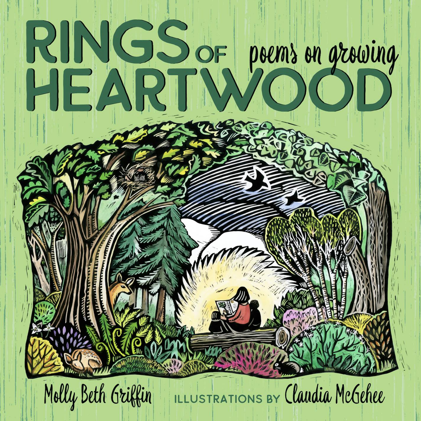 cover of Rings of Heartwood is a woodcut-style illustration of children reading in a forest glade
