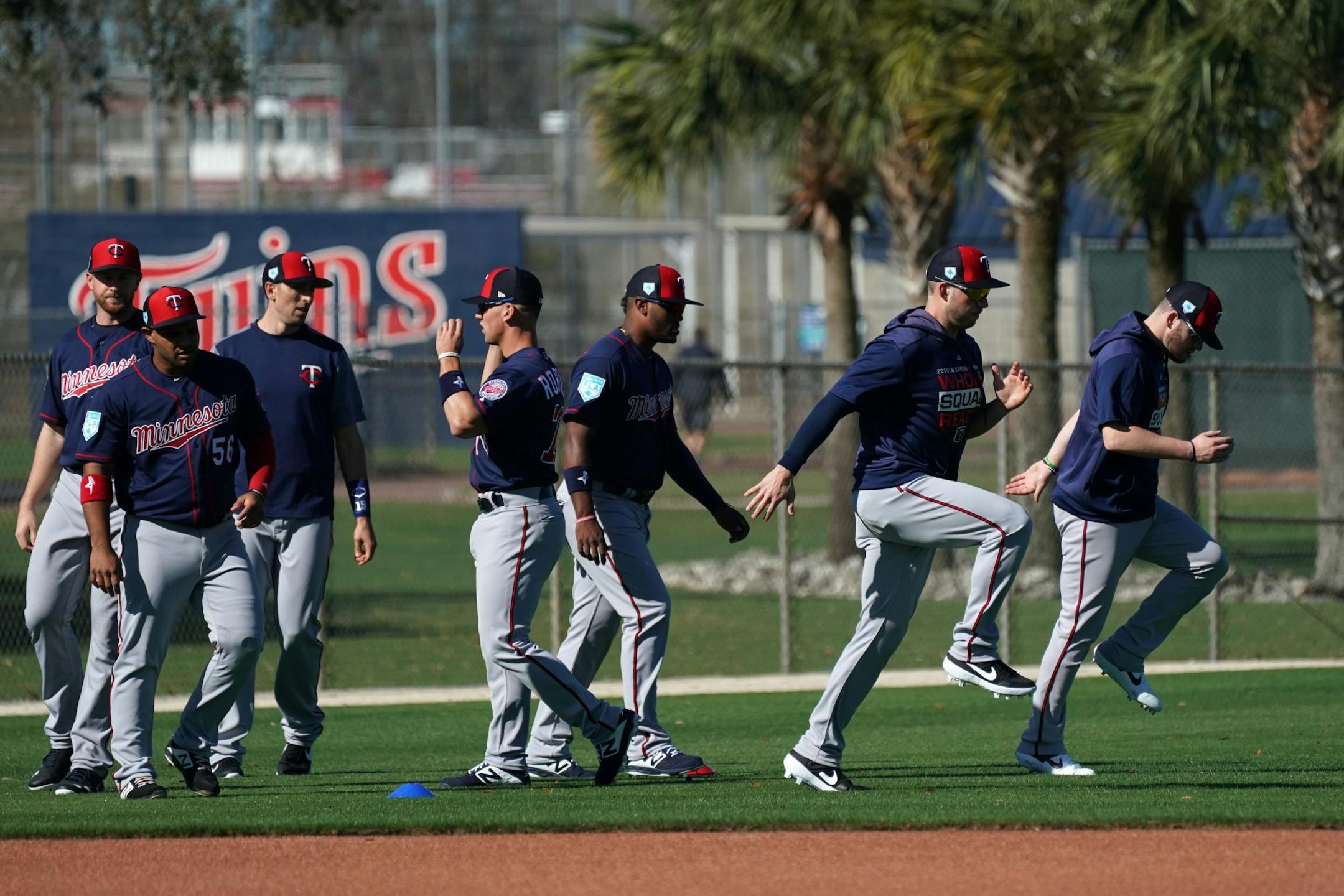 Twins players stretched on the practice field before morning workouts Thursday morning.