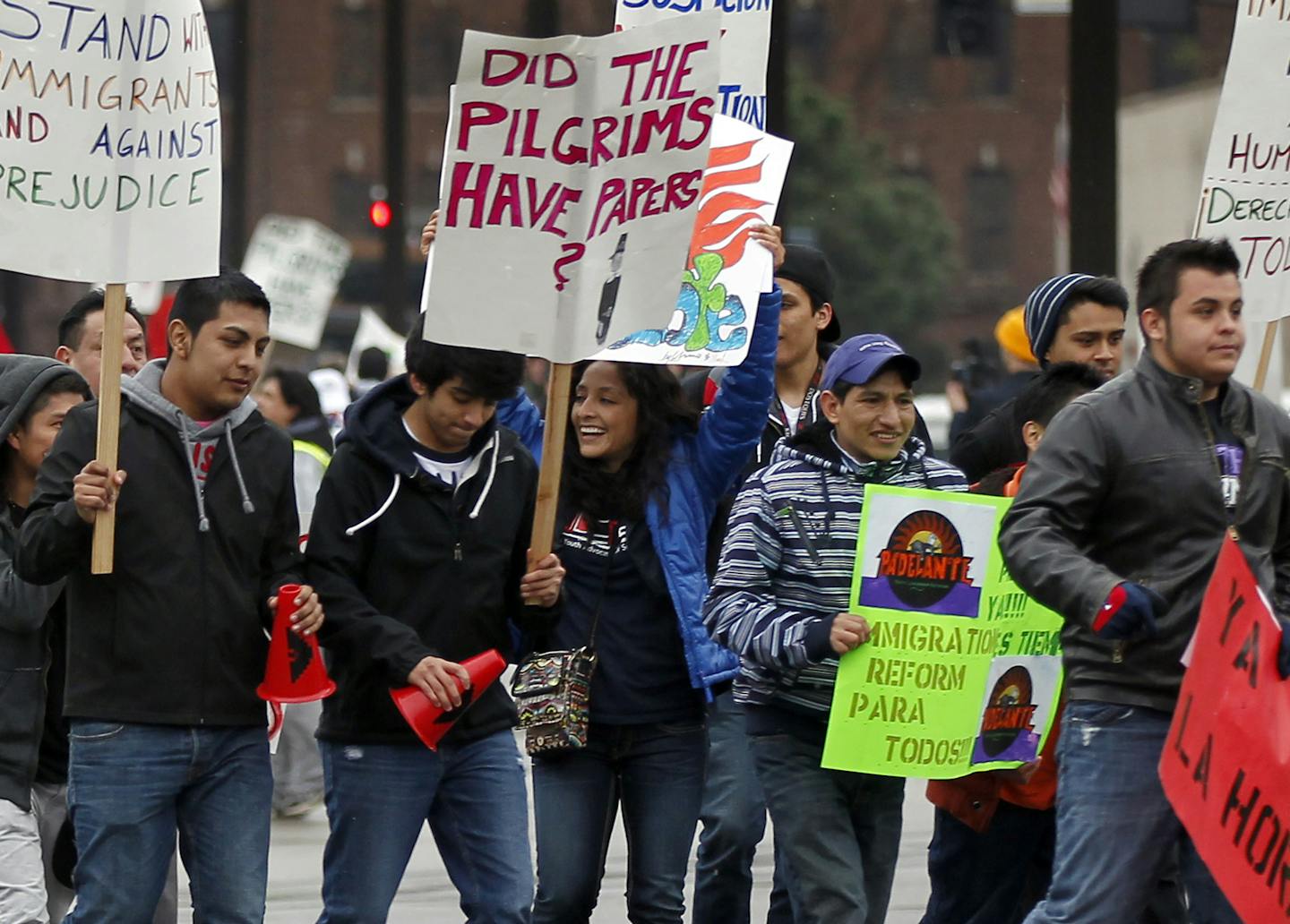 Marchers made their way from the Central Presbyterian Church to the State Capitol during the May Day March and Rally for immigration reform on Wednesday. ] CARLOS GNZALEZ cgonzalez@startribune.com May 1, 2013, St. Paul, Minn., May Day March and Rally for immigration reform ally on the lawn of the Minnesota State Capitol,