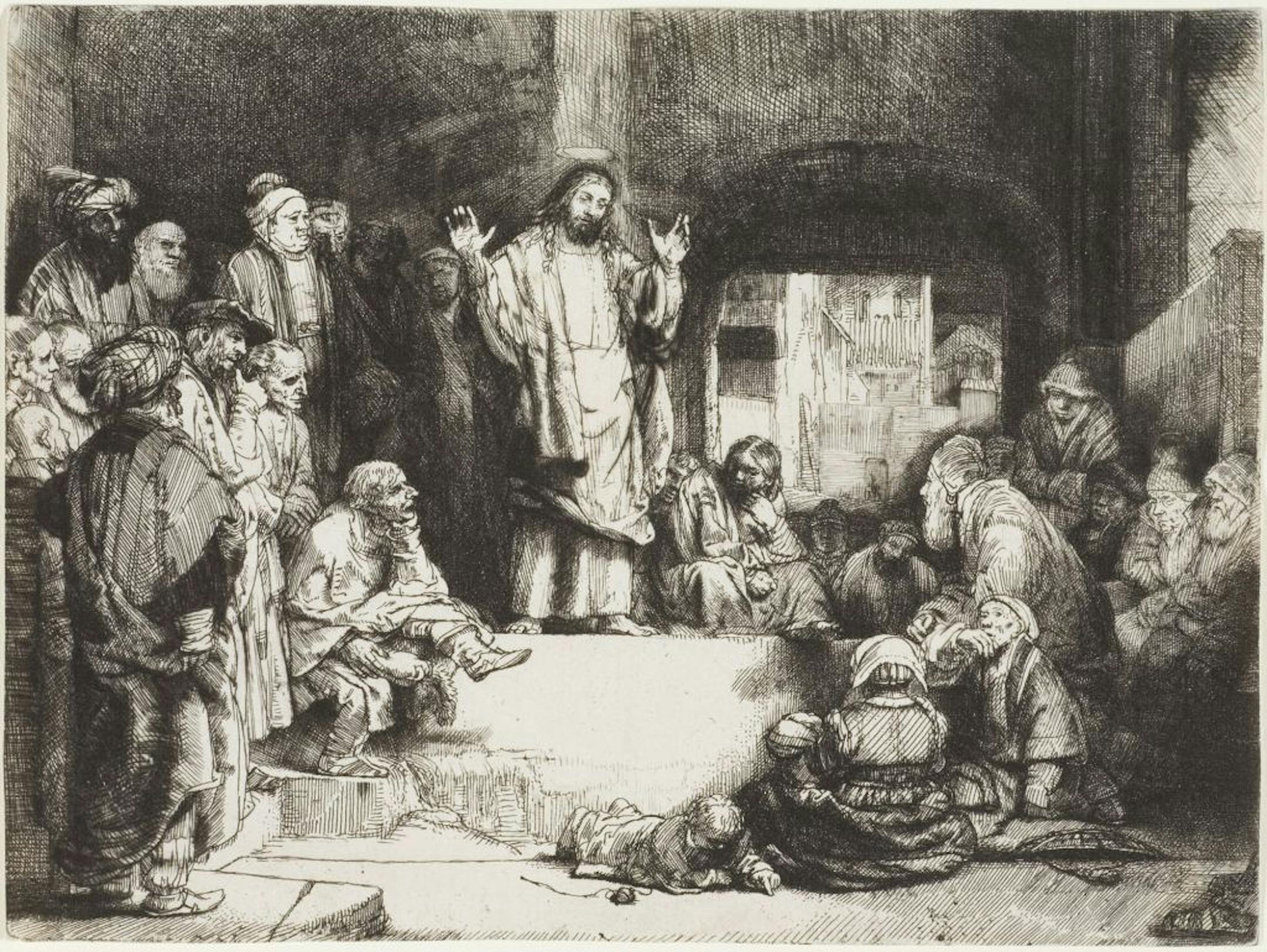In his 1652 etching "Christ Preaching," Rembrandt emphasizes the universality of Christian ideas by showing scholars, peasants and international traders listening to Jesus in a market.