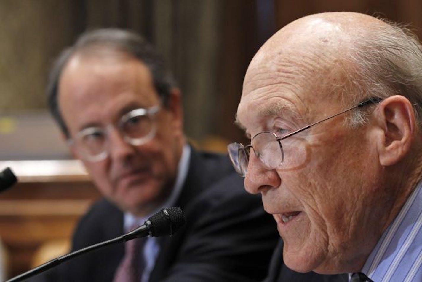 Erskine Bowles, left, accompanied by former Wyoming Sen. Alan Simpson, co-chairmen of President Barack Obama's bipartisan deficit commission.