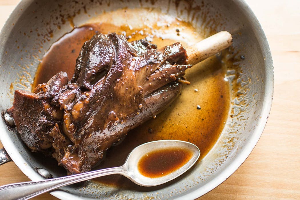 Chef Alan Bergo smoked this roadkill venison shank and glazed it with birch syrup.