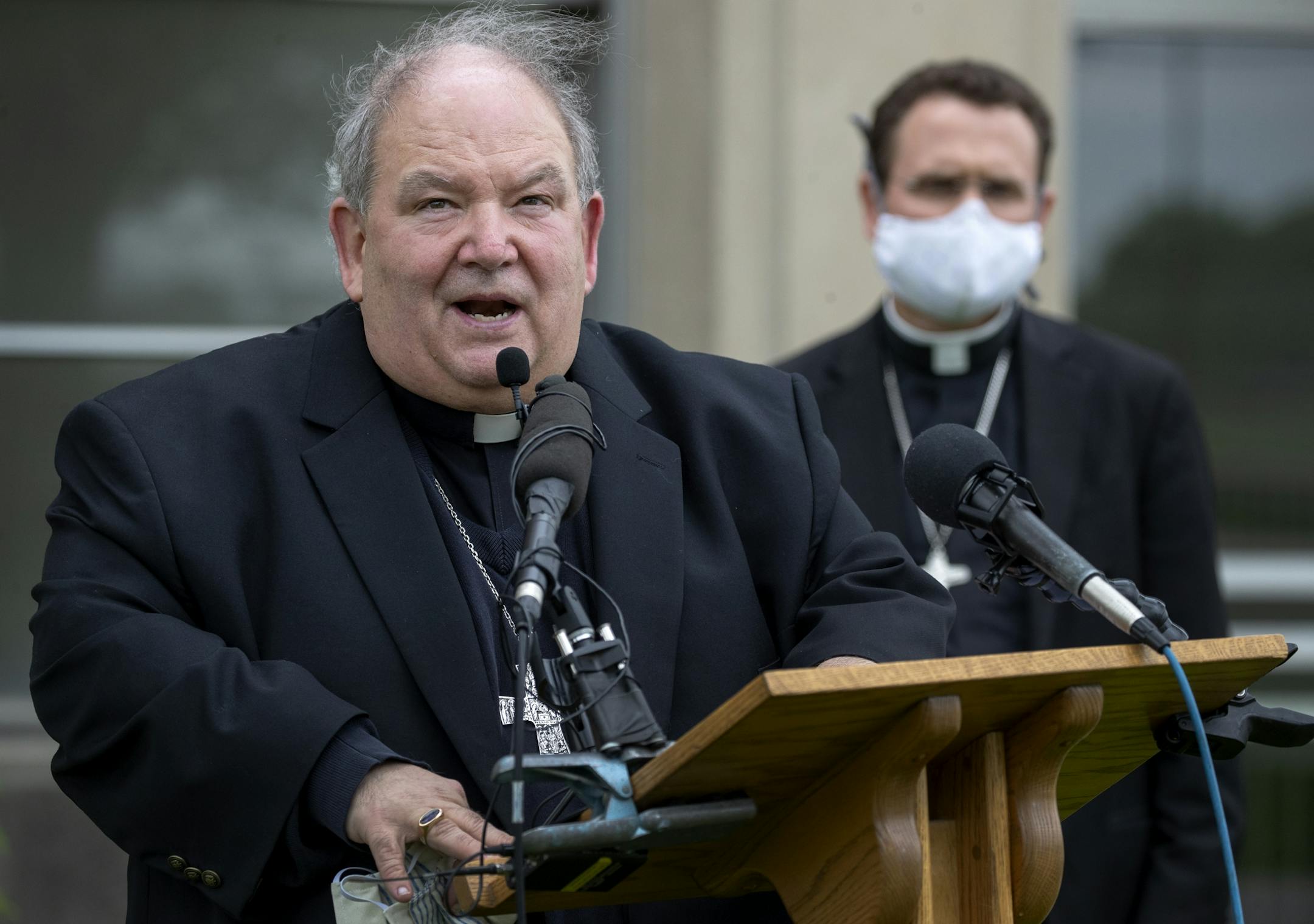 Archbishop Bernard Hebda spoke during a press conference at Archdiocesan Catholic Center in St. Paul.