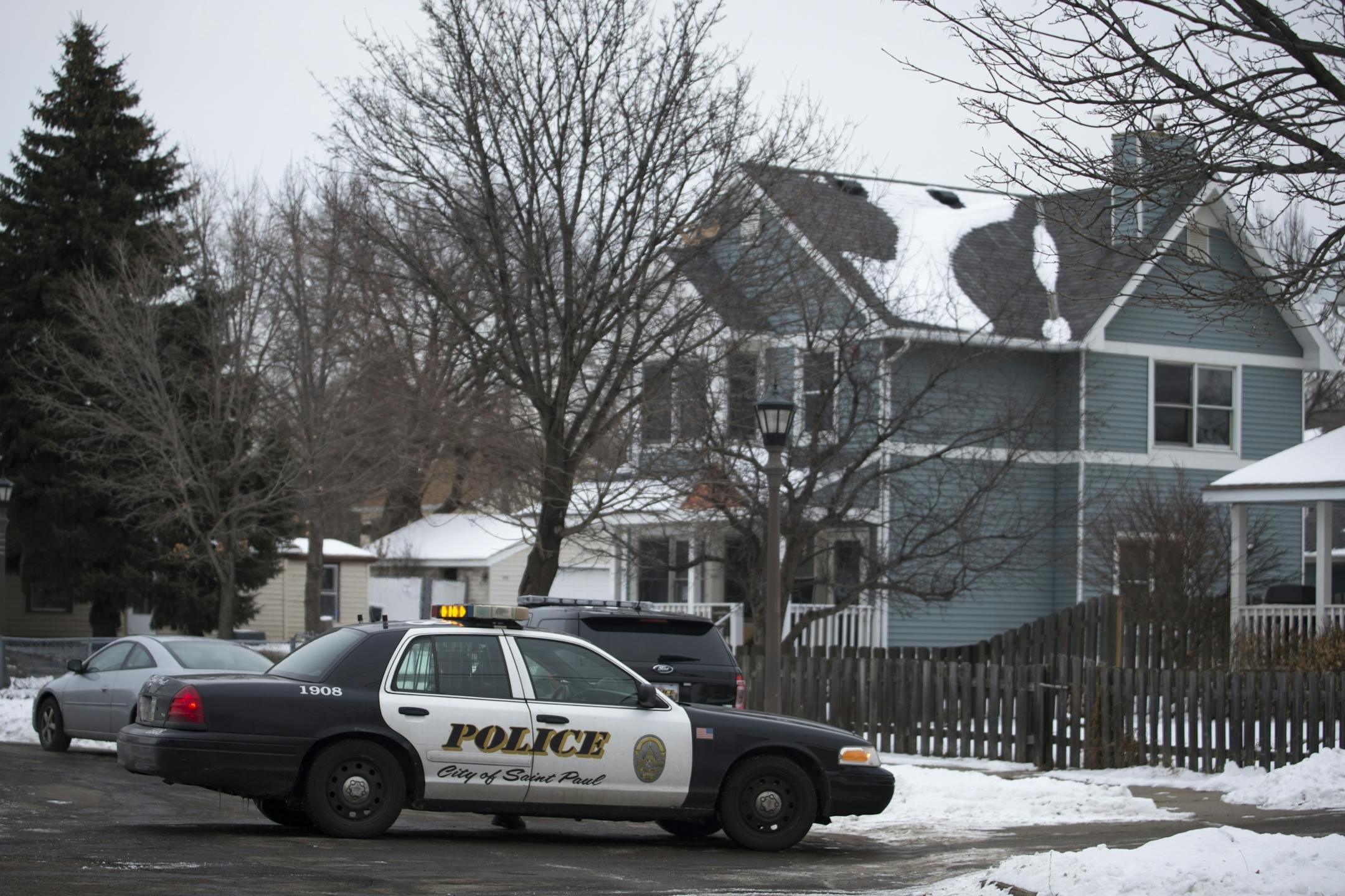 St. Paul Police are at the intersection of Park Street and Lyton Place after reports of a man barricaded in a home nearby, Friday, Jan. 2, 2015..