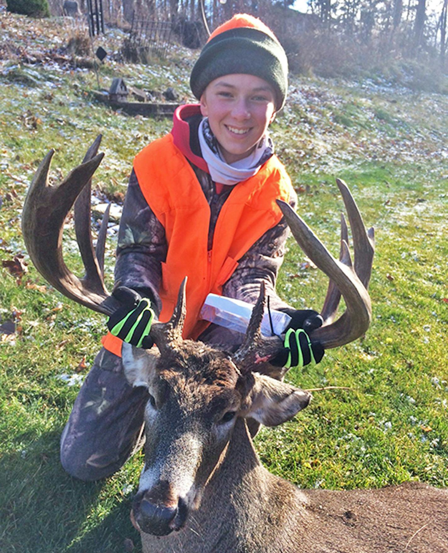 Skyler Weinzirl
Age:12
11 point buck; 180-plus lbs.
Shot with Savage Arms .243 and Hornady 95 grain ballistic tip.
10:30 a.m. Saturday Nov. 19
St. Croix county Wisconsin on private land
First deer ever!