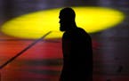 Los Angeles Lakers' LeBron James (23) is seen silhouetted during introductions prior to Game 6 of basketball's NBA Finals against the Miami Heat Sunda