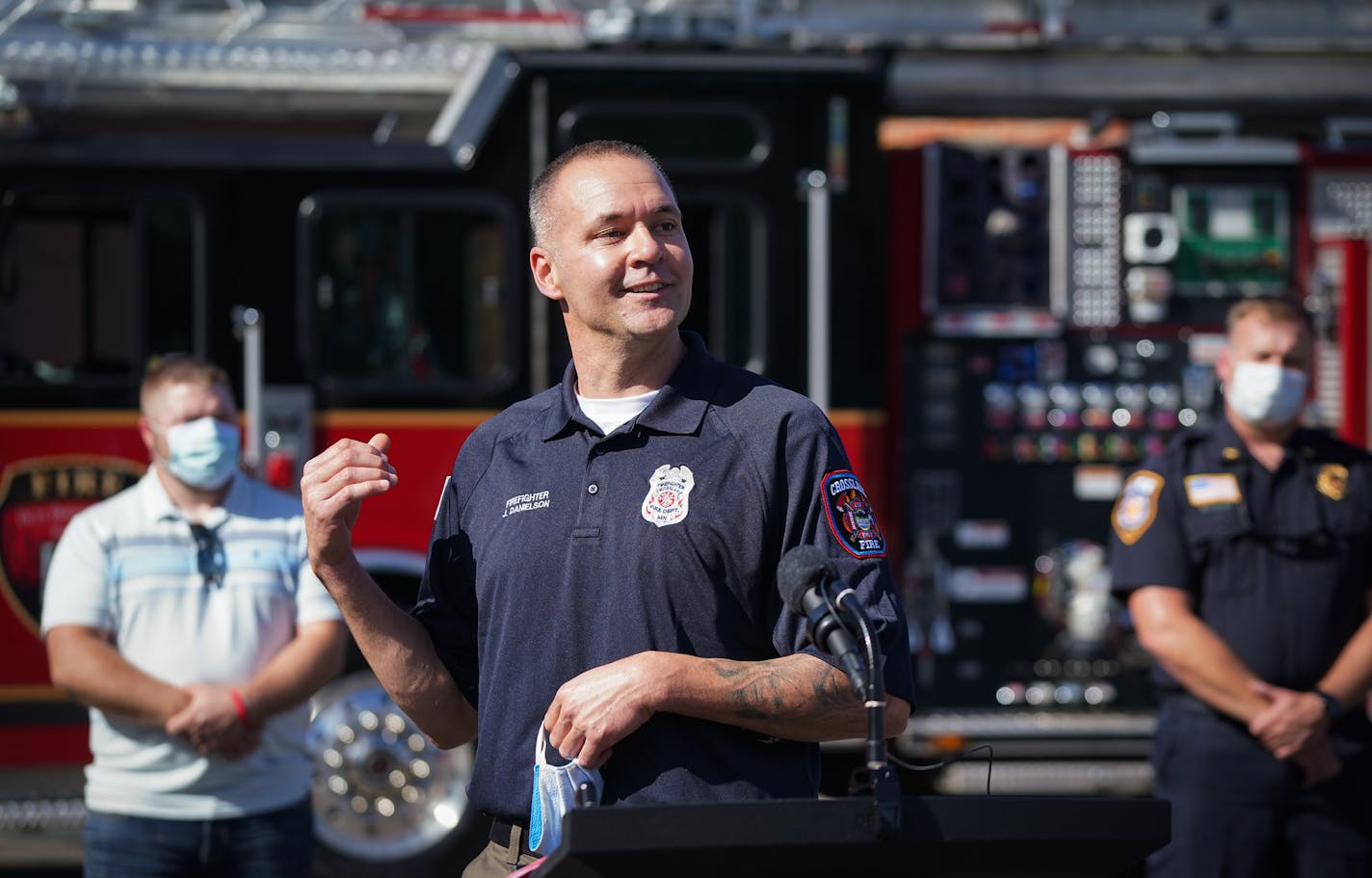 Some of the more than two dozen firefighters spoke to the media after returning to Minnesota after volunteering to help fight wildfires in Oregon. In this photo, Crosslake firefighter Jory Danielson spoke to the media. ] Shari L. Gross ¥ shari.gross@startribune.com Firefighters recently returned to Minnesota after a deployment to fight Oregon wildfires. Jim Smith, Minnesota State Fire Marshal Dave Cox, Firefighter, Brainerd Jory Danielson, Firefighter, Crosslake Ward Parker, Firefighter, Eden Pr