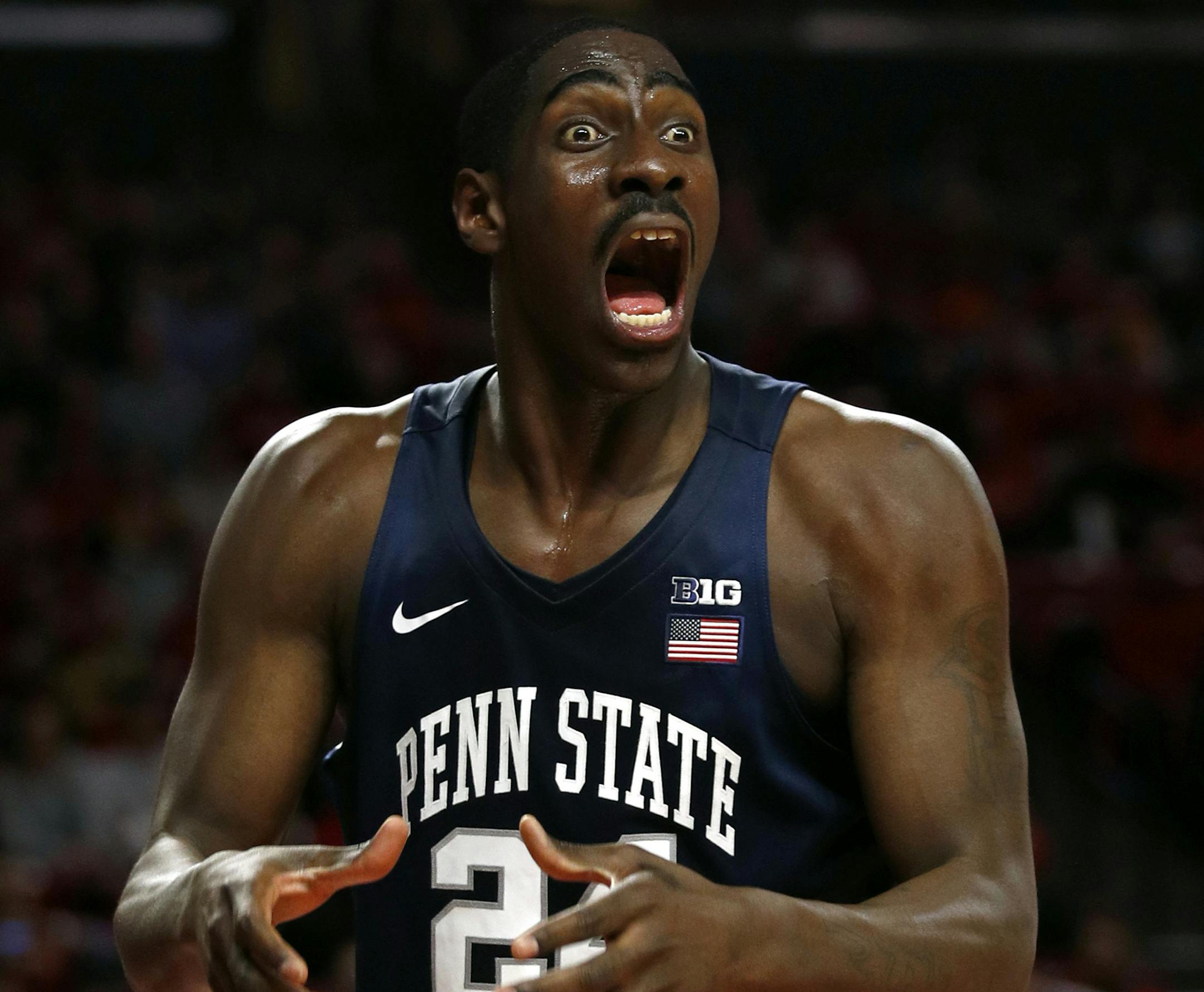 Penn State forward Mike Watkins reacts to an official's call in the first half of an NCAA college basketball game against Maryland in College Park, Md., Tuesday, Jan. 2, 2018. (AP Photo/Patrick Semansky) ORG XMIT: OTK