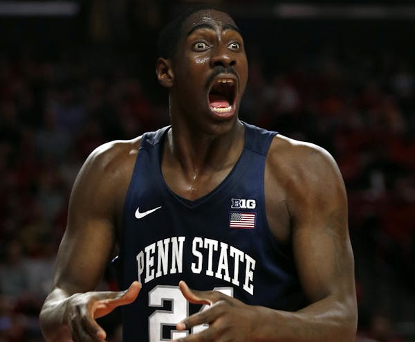 Penn State forward Mike Watkins reacts to an official's call in the first half of an NCAA college basketball game against Maryland in College Park, Md