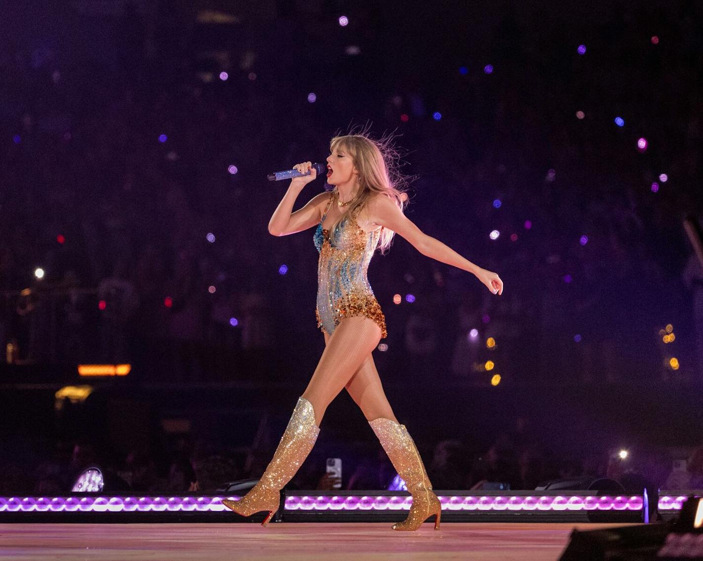 Taylor Swift performs during The Eras Tour at SoFi Stadium in Inglewood, California, on Aug. 7, 2023. (Allen J. Schaben/Los Angeles Times/TNS) ORG XMIT: 88808018W