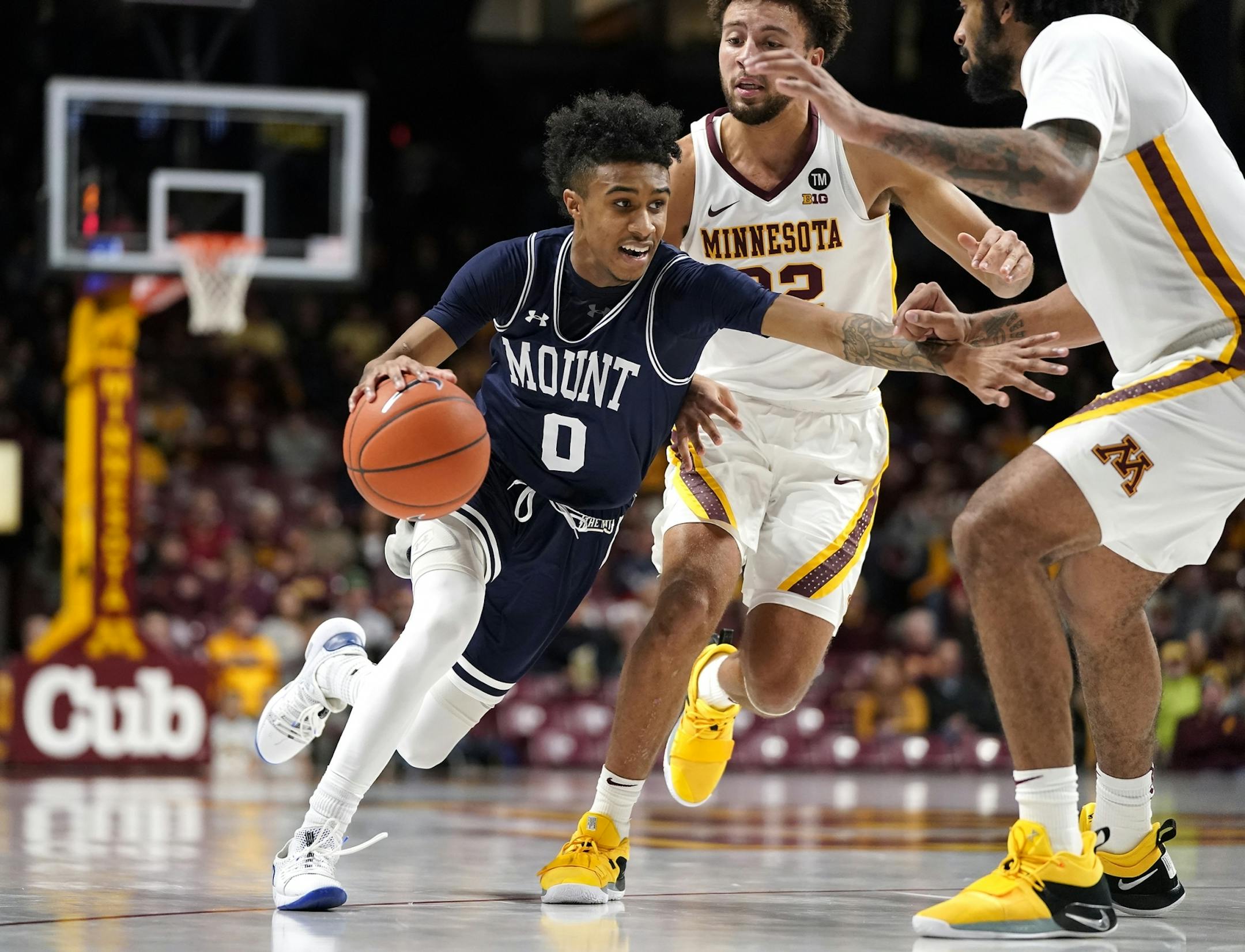 Mount St. Mary's guard Vado Morse (0) charges the basket during the second half.