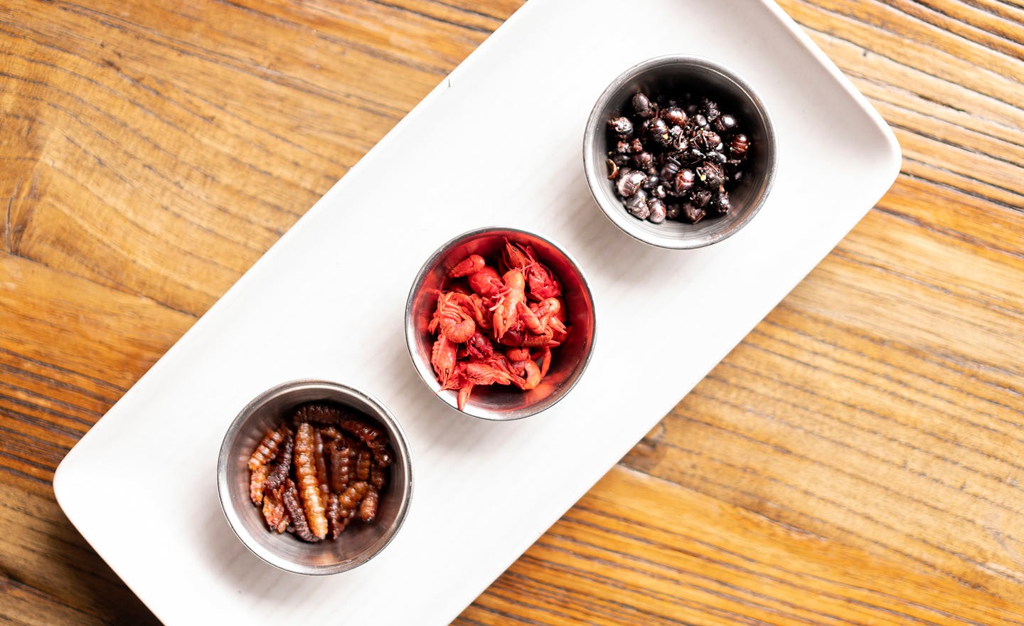 Chinicuiles (dried red worms), acociles (tiny crayfish) and chicatanas (large ants that emerge after heavy rains in Oaxaca).