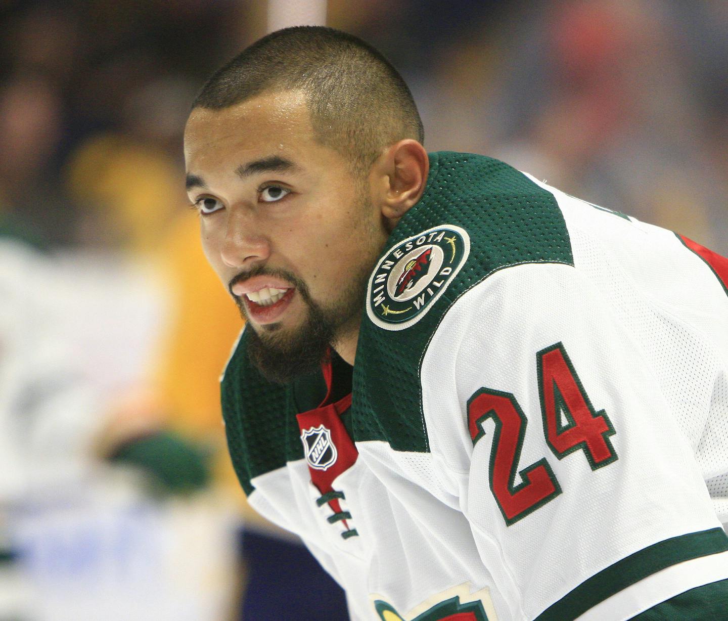 NASHVILLE, TN - OCTOBER 15: Minnesota Wild defenseman Matt Dumba (24) is shown prior to the NHL game between the Nashville Predators and the Minnesota Wild, held on October 15, 2018, at Bridgestone Arena in Nashville, Tennessee. (Photo by Danny Murphy/Icon Sportswire) (Icon Sportswire via AP Images) ORG XMIT: 309697