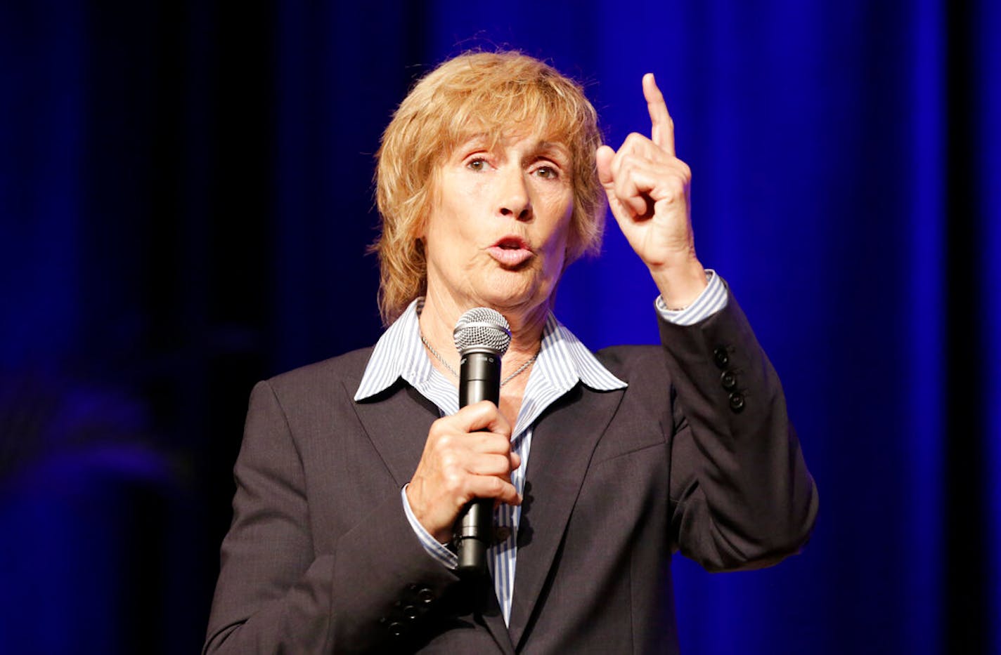 Long-distance swimmer Diana Nyad speaks during a presentation at BookExpo America, Thursday, May 28, 2015, in New York. In 2013, on her fifth attempt, Nyad swam 110 miles from Cuba to Florida. Her book, "Find a Way: The Story of One Wild and Precious Life," is to be published in October. (AP Photo/Mark Lennihan)