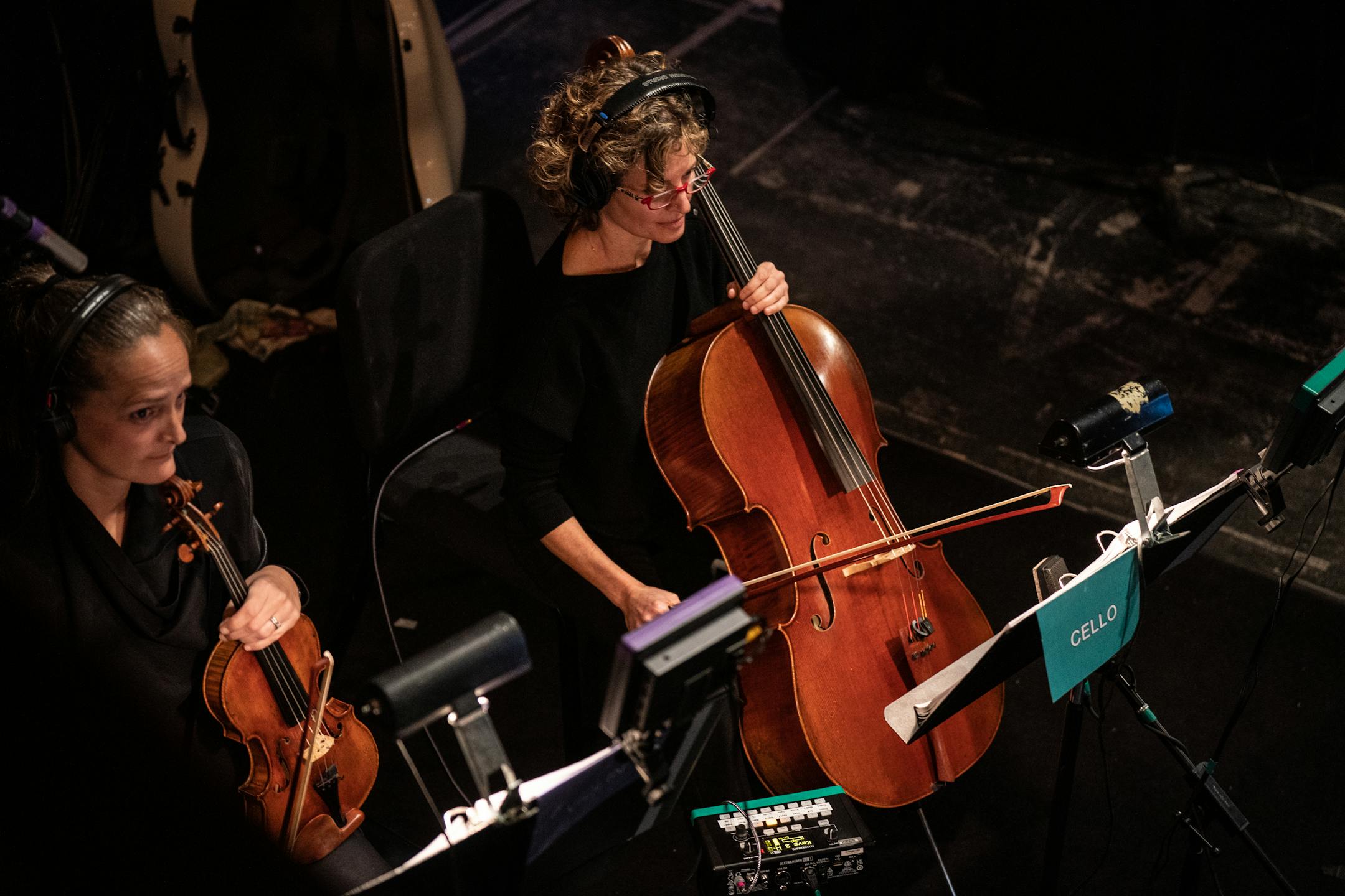 Maisie Block, left, and Rebecca Arons were focused during a 90-minute preshow soundcheck for "Company" at the Orpheum Theatre in November.
