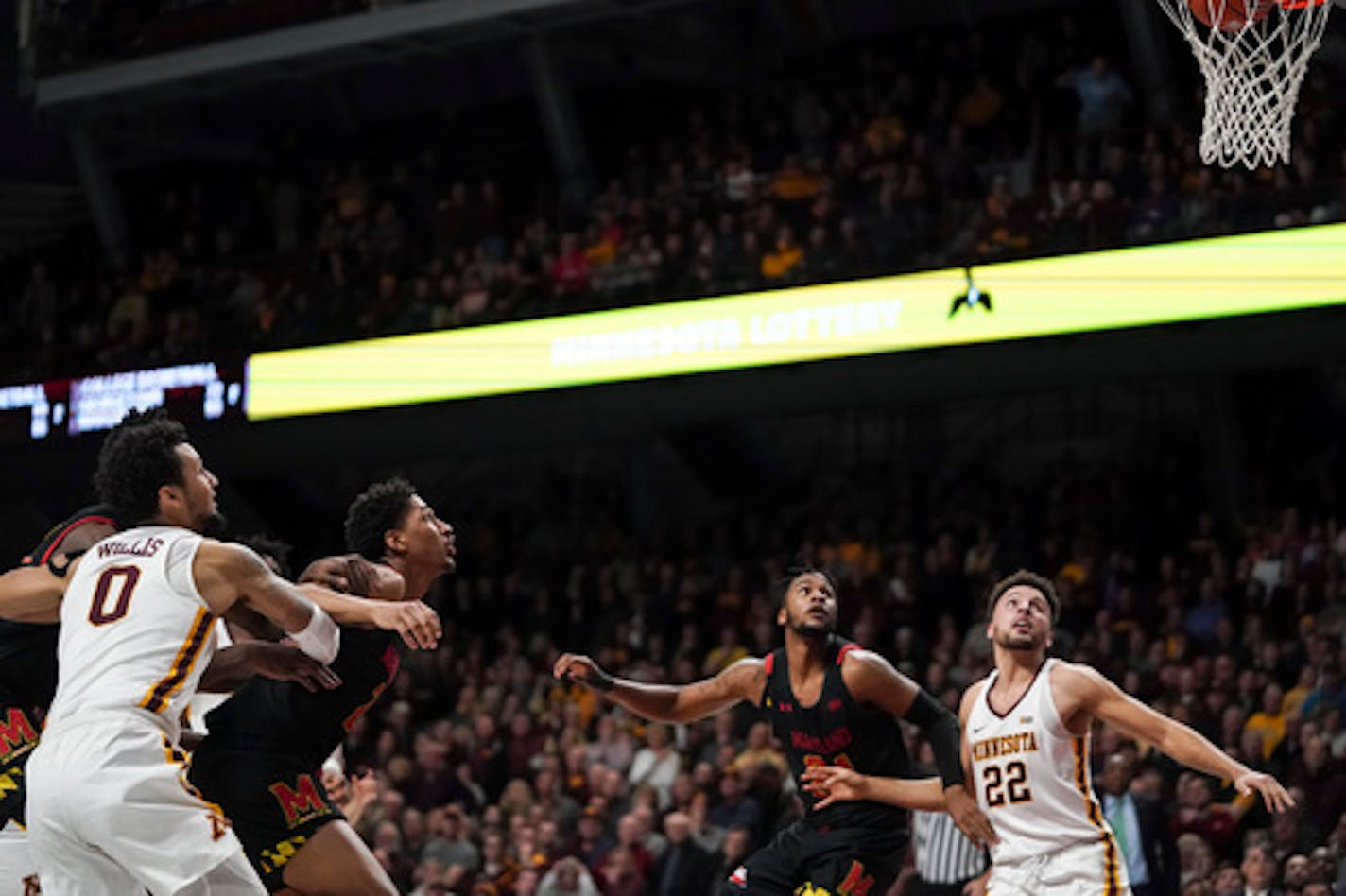 The players stopped to watch Maryland Terrapins guard Darryl Morsell's (11) three point shot go in the basket in the final seconds of the second half. ] RENEE JONES SCHNEIDER ¥  renee.jones@startribune.com  The Gophers hosted Maryland at Williams Arena at the University of Minnesota in Minneapolis, Minn., on Wednesday, February 26, 2020. Maryland won 74-73.