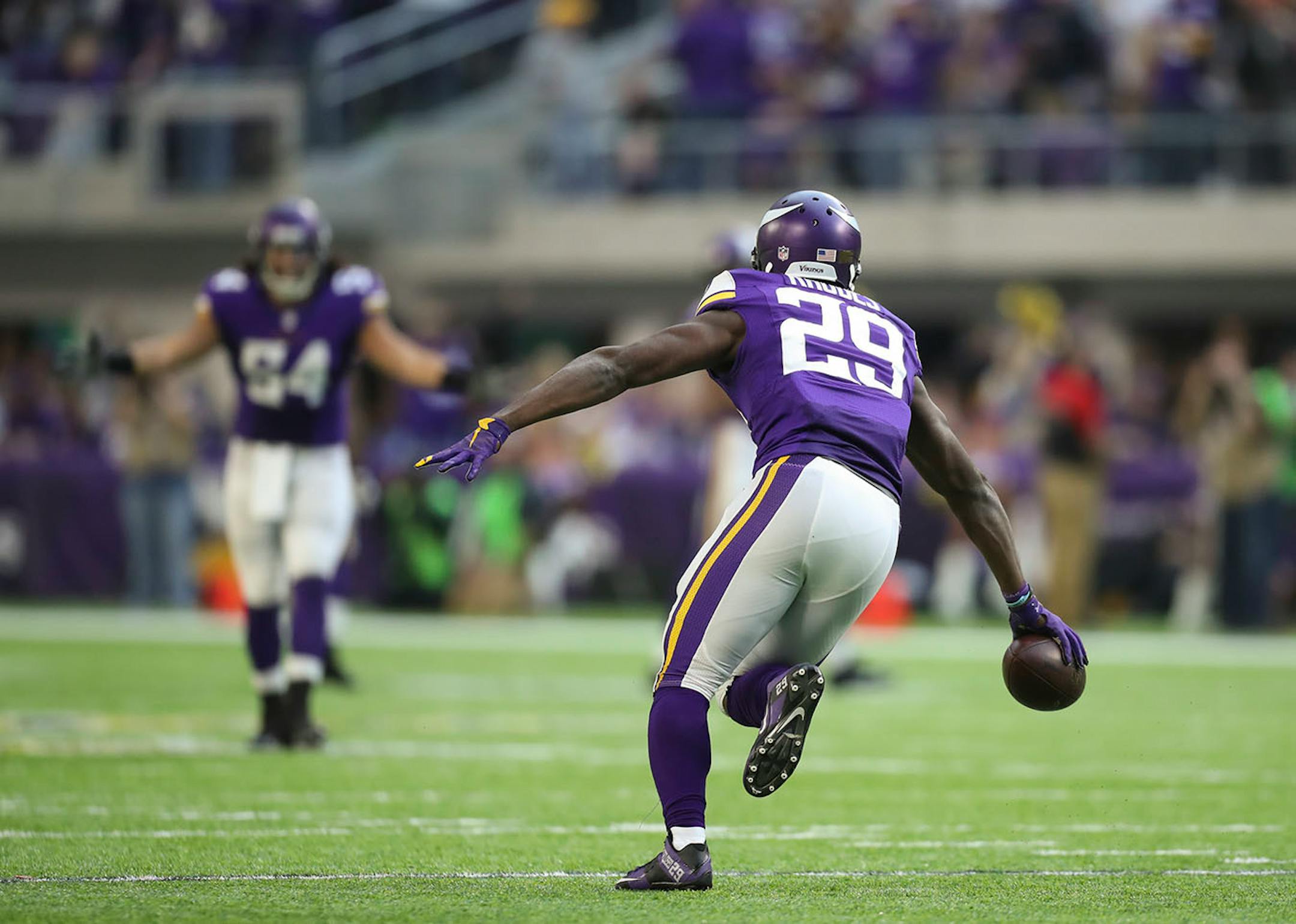 Xavier Rhodes celebrated his second interception of the game, a deep Carson Palmer pass intended for Arizona Cardinals wide receiver Michael Floyd in the third quarter.