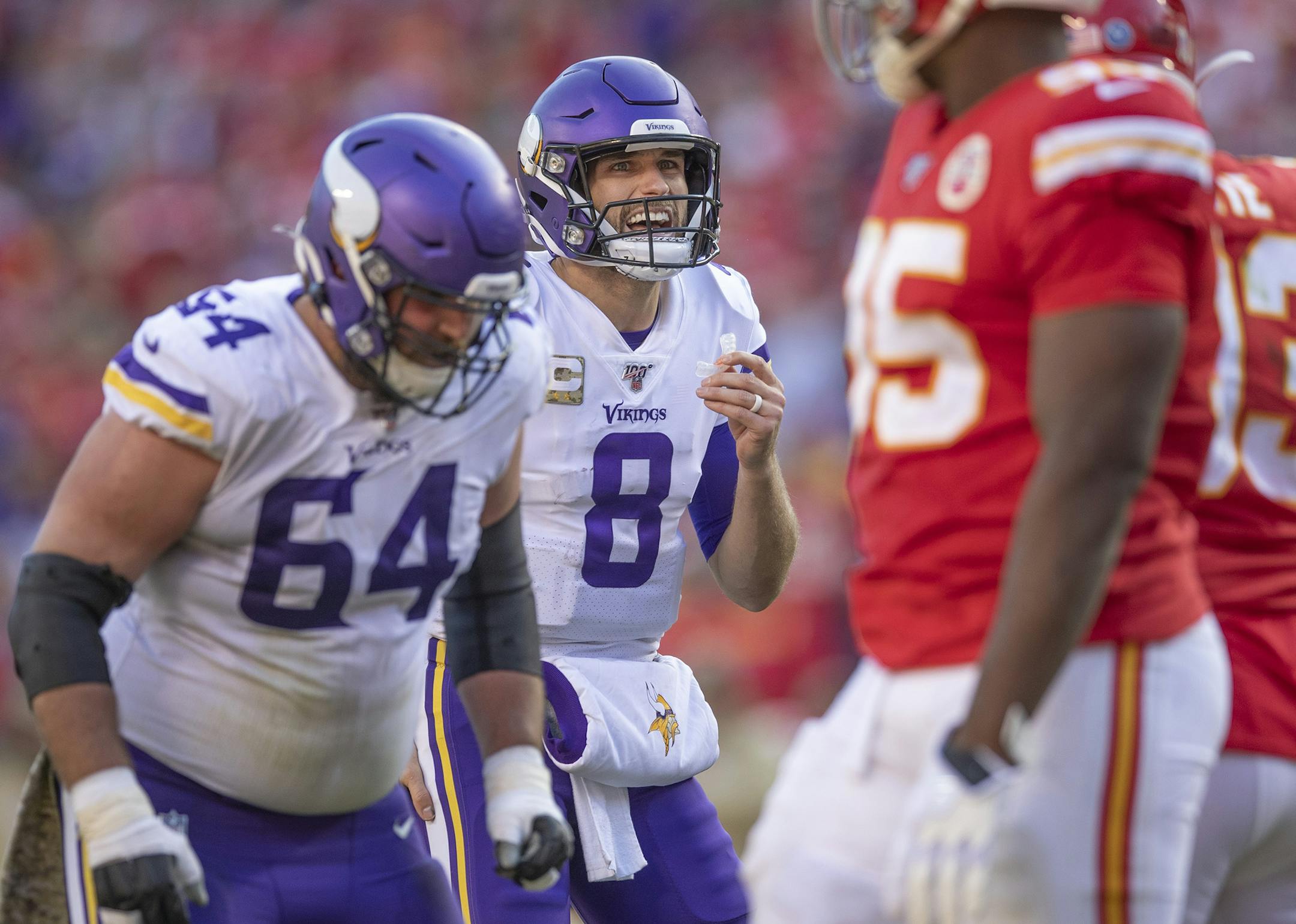 Vikings quarterback Kirk Cousins yelled over a loud crowd to call a play in the fourth quarter. ] ELIZABETH FLORES • liz.flores@startribune.com Vikings at Kansas City Chiefs at Arrowhead Stadium, Sunday, November 3, 2019 in Kansas City, MO.