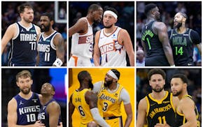 Left to right, from top: Luka Doncic and Kyrie Irving; Kevin Durant and Devin Booker; Zion Williamson and Brandon Ingram; Domantas Sabonis and DeAaron