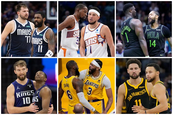Left to right, from top: Luka Doncic and Kyrie Irving; Kevin Durant and Devin Booker; Zion Williamson and Brandon Ingram; Domantas Sabonis and DeAaron
