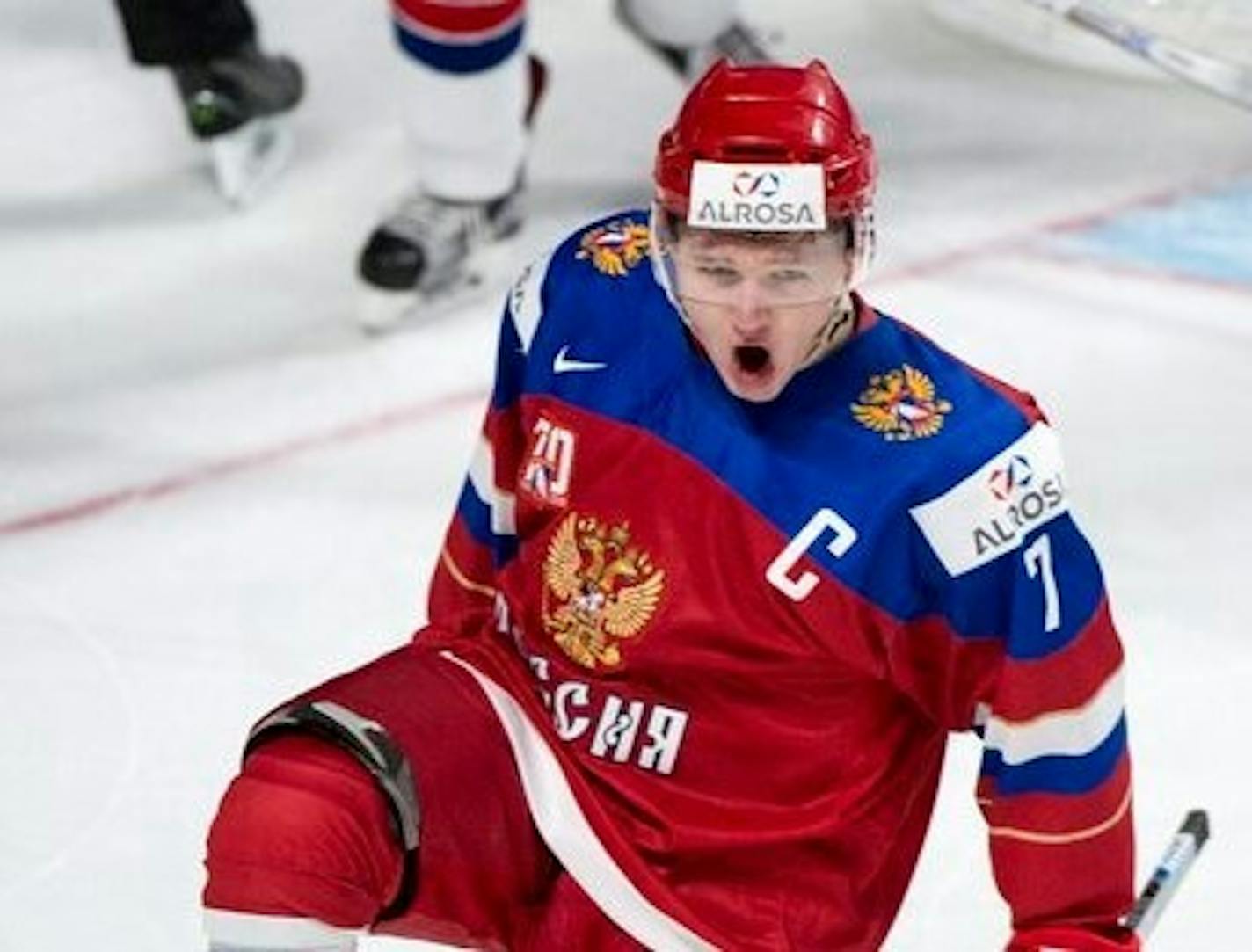 Russia's Kirill Kaprizov celebrates scoring a goal against the United States during the first period of semifinal game at the world junior ice hockey championships, Wednesday, Jan. 4, 2017, in Montreal. (Paul Chiasson/The Canadian Press via AP)