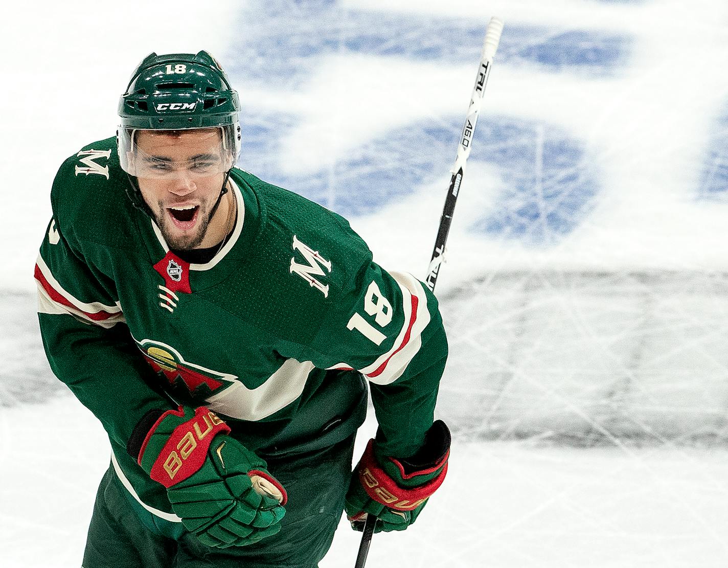 Jordan Greenway (18) celebrated after scoring a goal in the second period. ] CARLOS GONZALEZ • cgonzalez@startribune.com – April 15, 2018, St. Paul, MN, Xcel Energy Center, NHL, Stanley Cup Playoffs – Game 3, Minnesota Wild vs. Winnipeg Jets