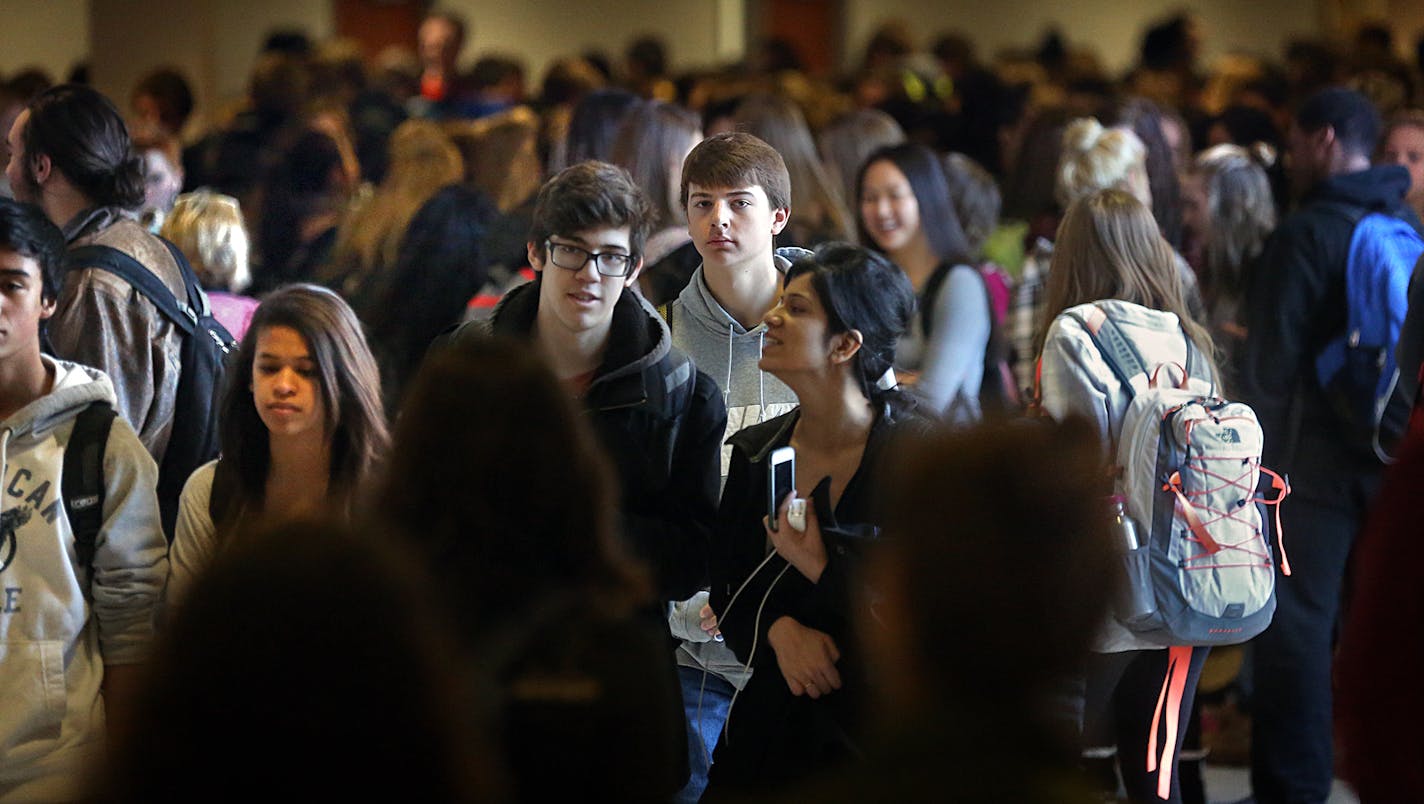 Wayzata High School is home to more than 3,300 students, with more to come when addition to the facility is completed. The hallways were filled with activity as students quickly passed from one classroom to another between periods during a recent morning. ] JIM GEHRZ &#xef; james.gehrz@startribune.com / Plymouth, MN / February 26, 2015 /7:00 AM &#xf1; BACKGROUND INFORMATION: Three thousand students are arriving each morning at Wayzata High School, among the state&#xed;s largest. Big suburban hig