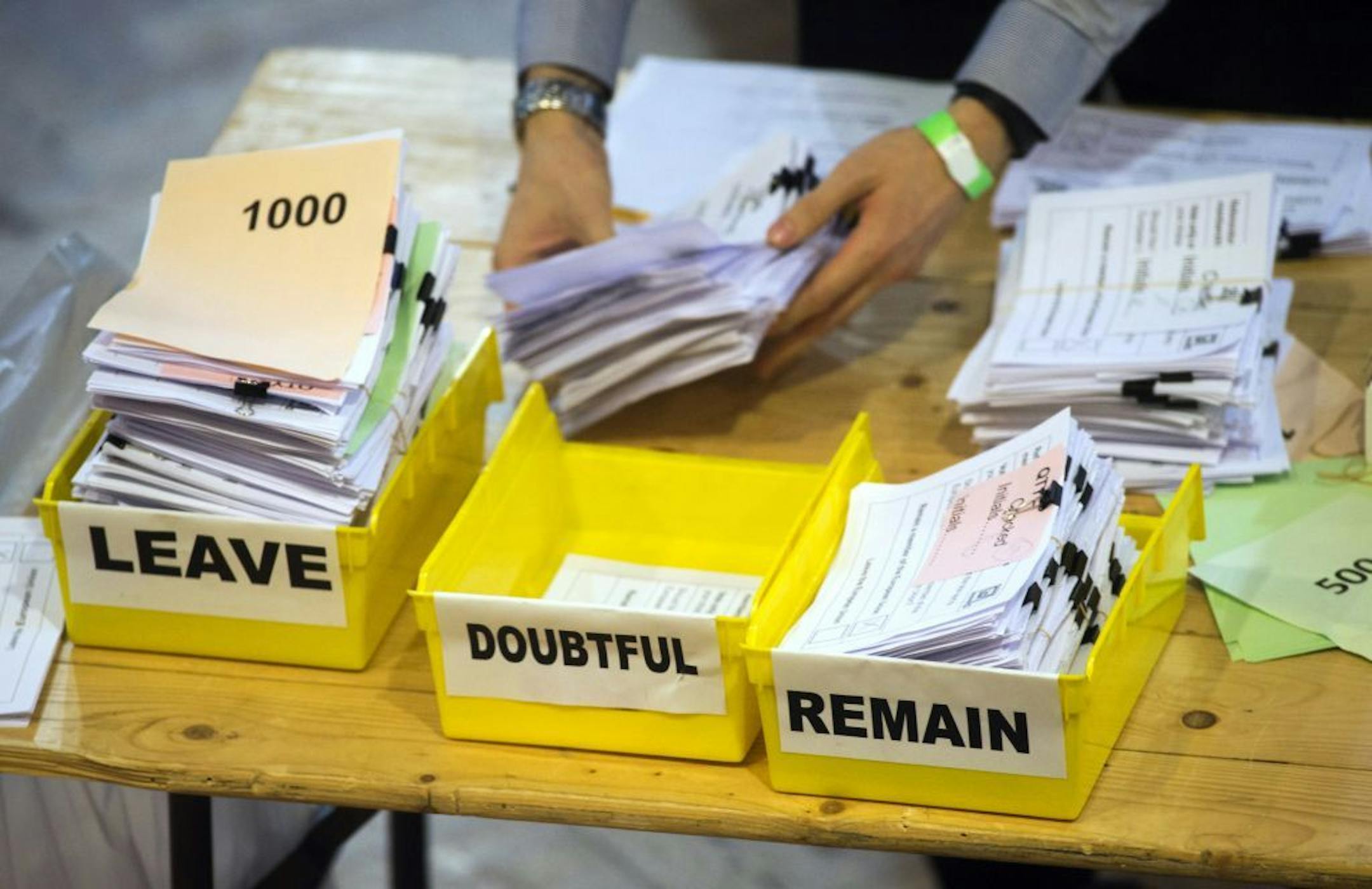 Votes are sorted into remain, leave and doubtful trays as ballots are counted during the EU Referendum count for Westminster and the City of London at the Lindley Hall in London Friday, June 24, 2016. On Thursday, Britain voted in a national referendum on whether to stay inside the EU. (Anthony Devlin/PA via AP) UNITED KINGDOM OUT NO SALES NO ARCHIVE