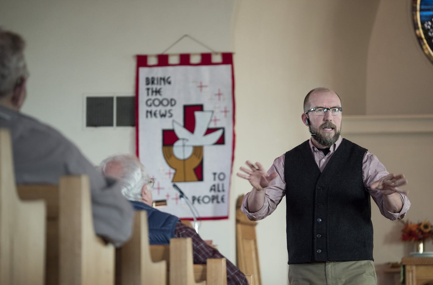 Tony Jones preaches at First United Church of Christ in Gackle, ND, October 9, 2016. (Courtney Perry/Special to the Star Tribune)