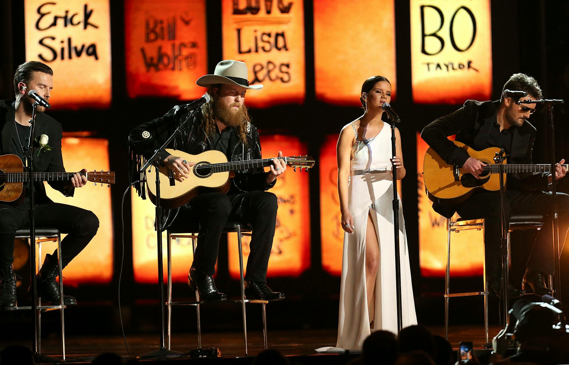 The Brothers Osborne, from left, Maren Morris and Eric Church perform at the 60th annual Grammy Awards at Madison Square Garden on Sunday, Jan. 28, 2018, in New York.