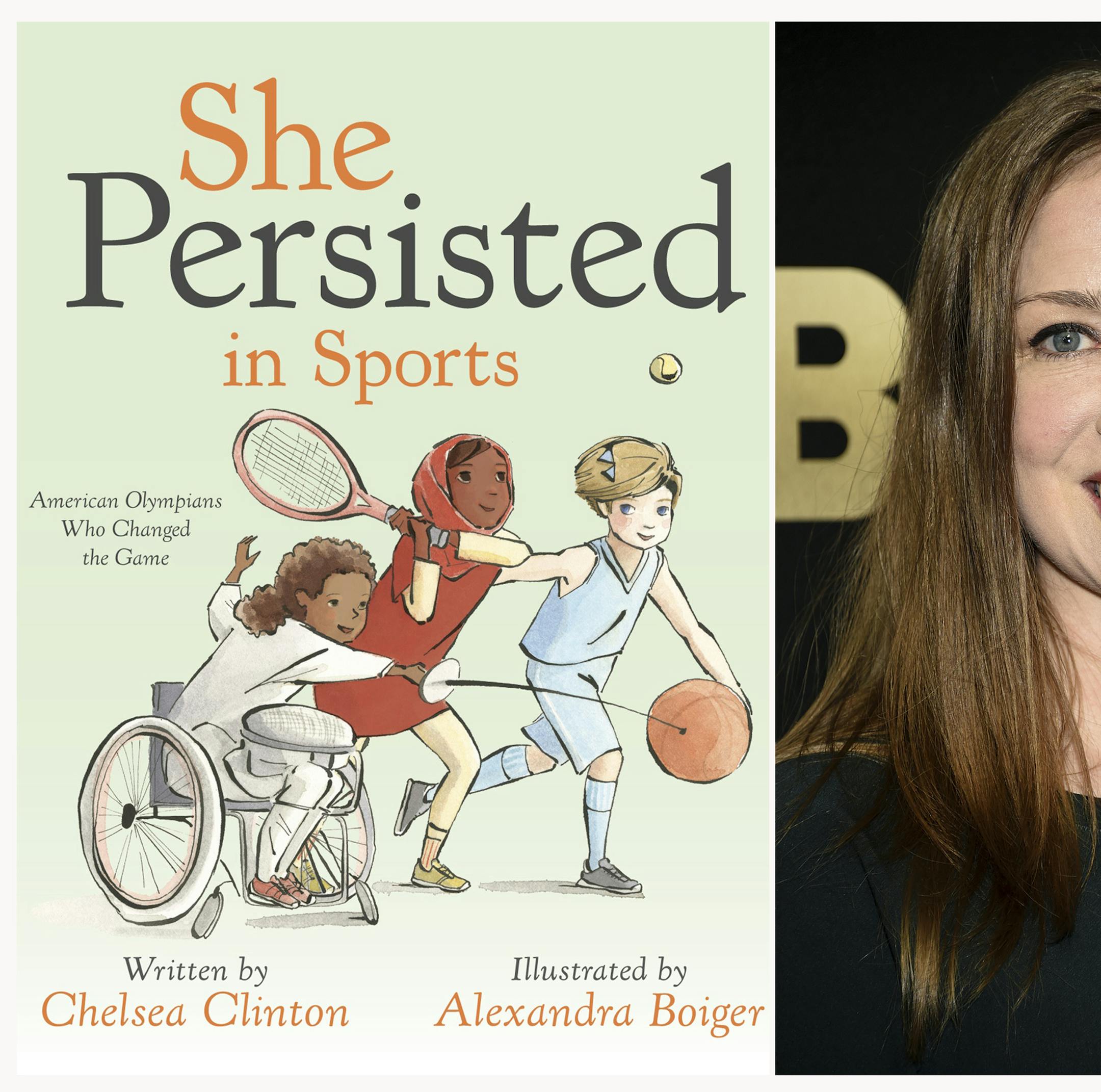 This combination photo shows a cover image released by Penguin Young Readers of "She Persisted in Sports" by Chelsea Clinton, left, and Chelsea Clinton at the Lincoln Center for the Performing Arts American Songbook Gala on May 29, 2018, in New York. (Penguin Young Readers via AP, AP Photo)