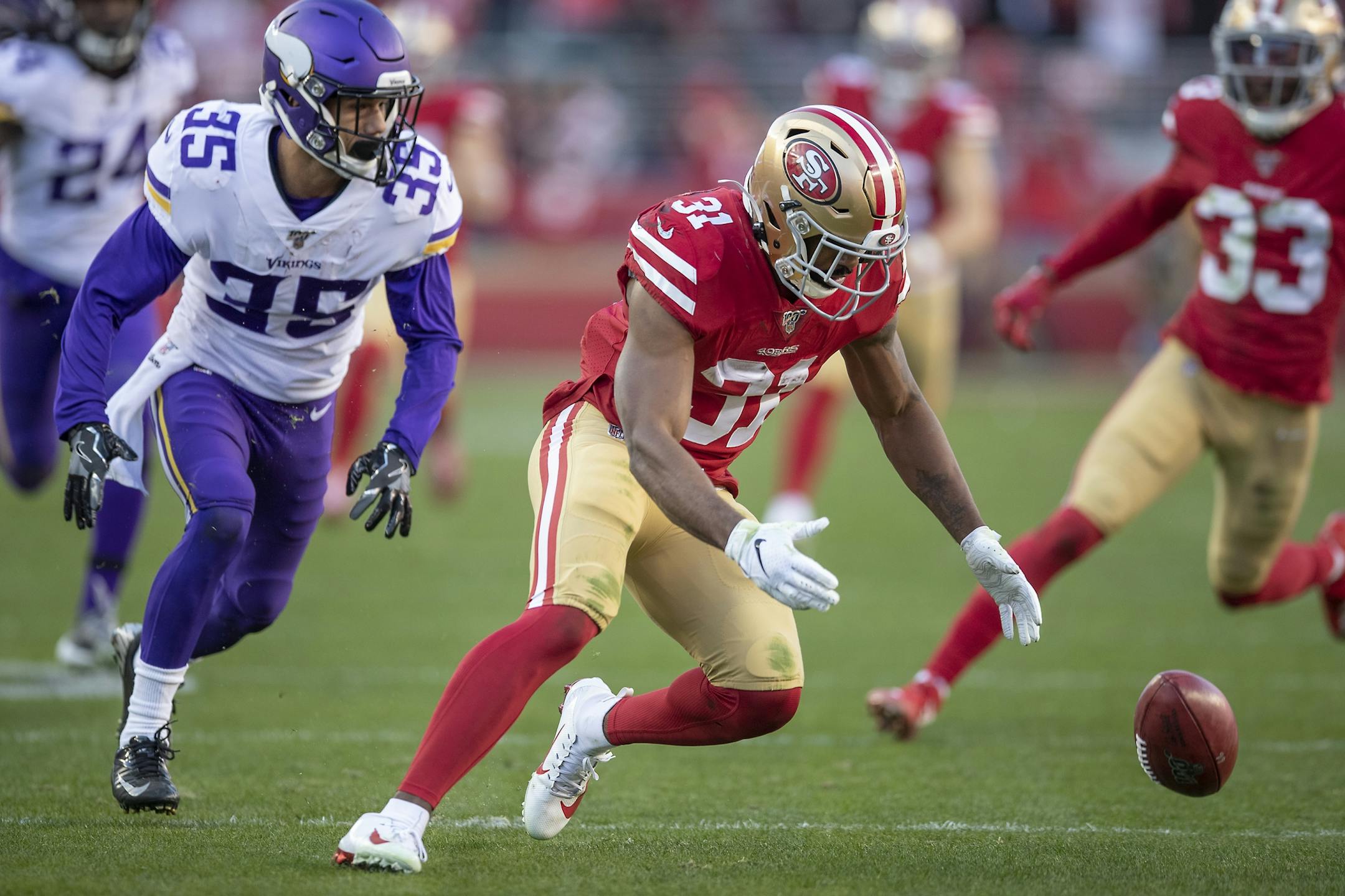San Francisco 49ers running back Raheem Mostert recovered a fumble after Minnesota Vikings defensive back Marcus Sherels drops it in a return in the third quarter.