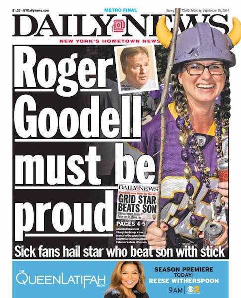 The front page of the New York Daily News Monday featured a Vikings fan wearing an Adrian Peterson jersey and carrying a switch.