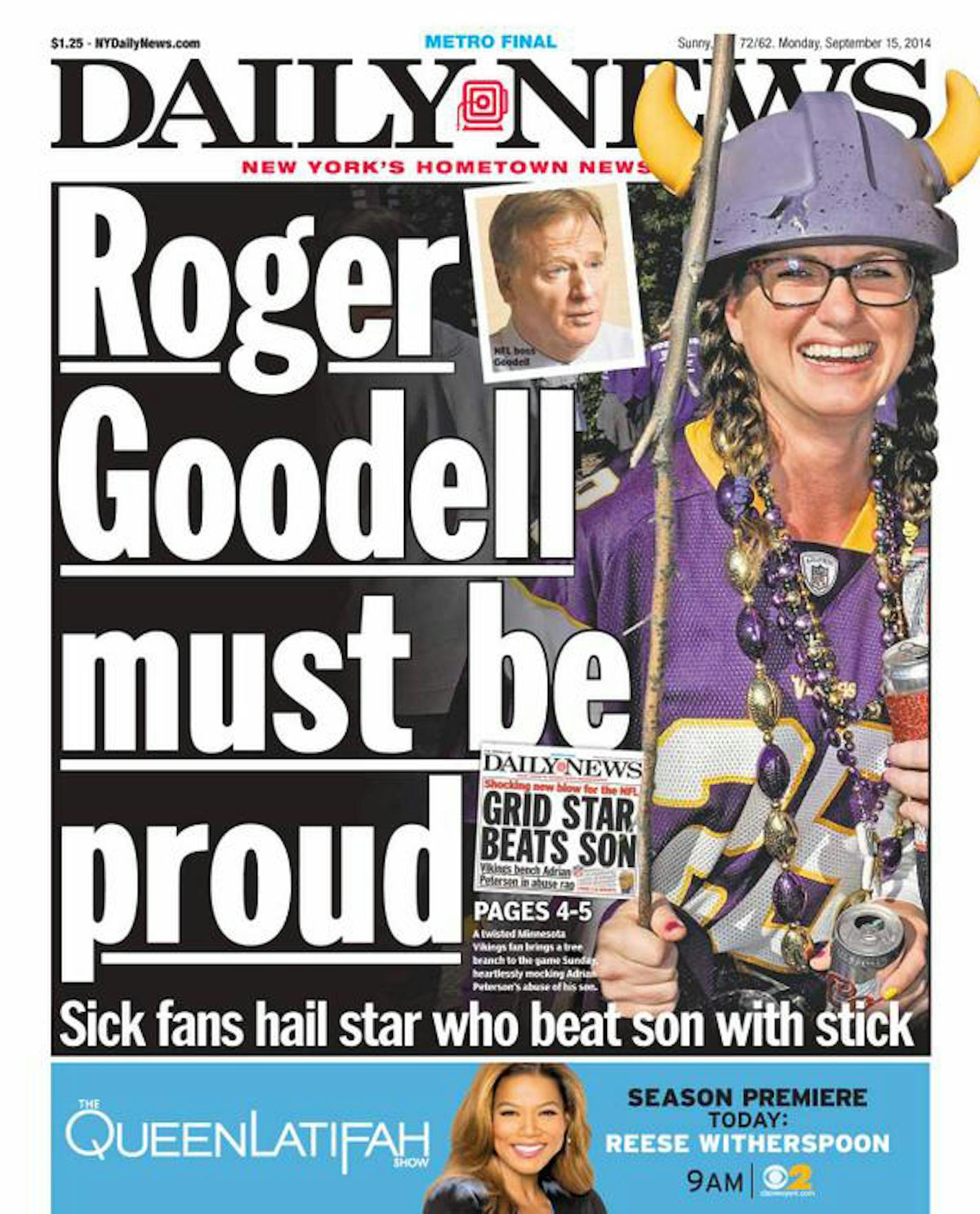 The front page of the New York Daily News Monday featured a Vikings fan wearing an Adrian Peterson jersey and carrying a switch.