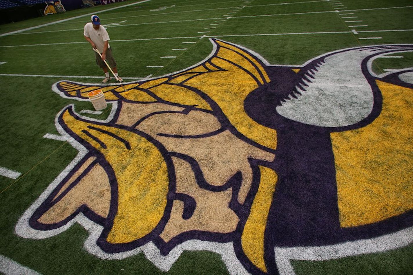 Jon Yates, 42, puts the finishing touches on the huge, Vikings logo at mid-field at the Metrodome, in preparation for Saturday night's NFL pre-season game against the Dallas Cowboys. Yates said he has been a groundskeeper with the Metrodome staff for 22 years.