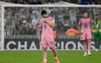 Inter Miami's Lionel Messi reacts after Monterrey's German Berterame scored during a CONCACAF Champions Cup quarterfinal second leg match in Monterrey