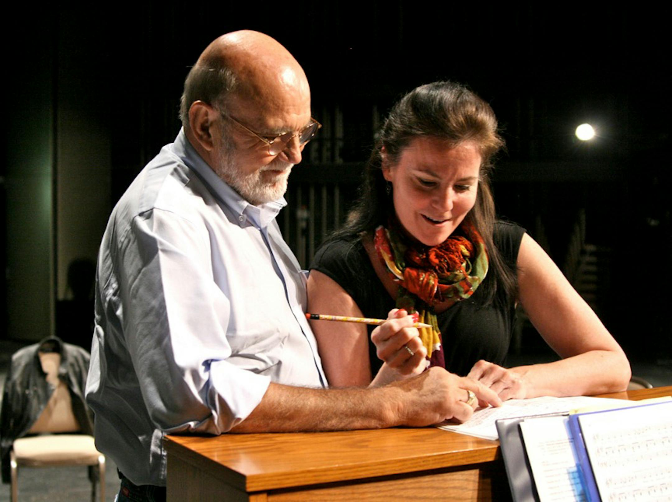 Director Gary Gisselman with actress Karen Weber in rehearsal for "Oklahoma!"