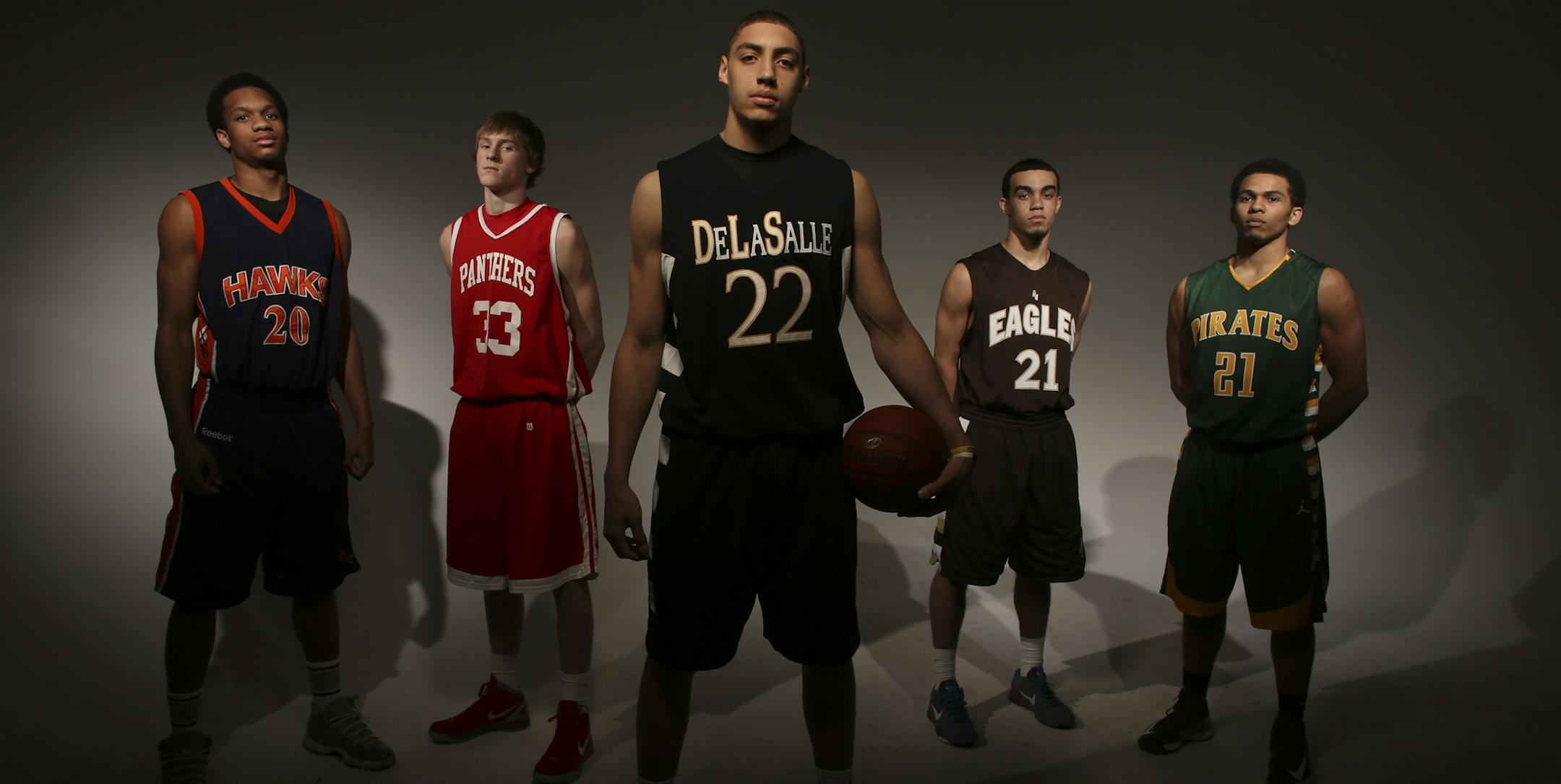 The Star Tribune All-Metro boys' basketball first team (from left): Rashad Vaughn, JP Macura, Reid Travis (player of the year), Tyus Jones and Quinton Hooker.