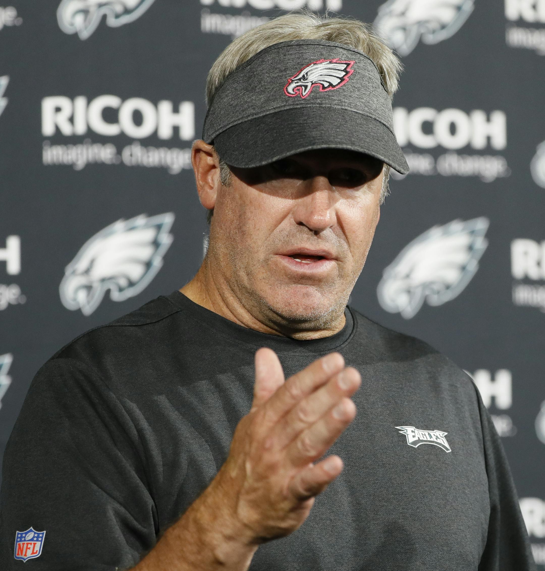 Philadelphia Eagles head coach Doug Pederson speaks at a news conference after an NFL football game against the New York Jets, Sunday, Oct. 6, 2019, in Philadelphia. (AP Photo/Michael Perez)