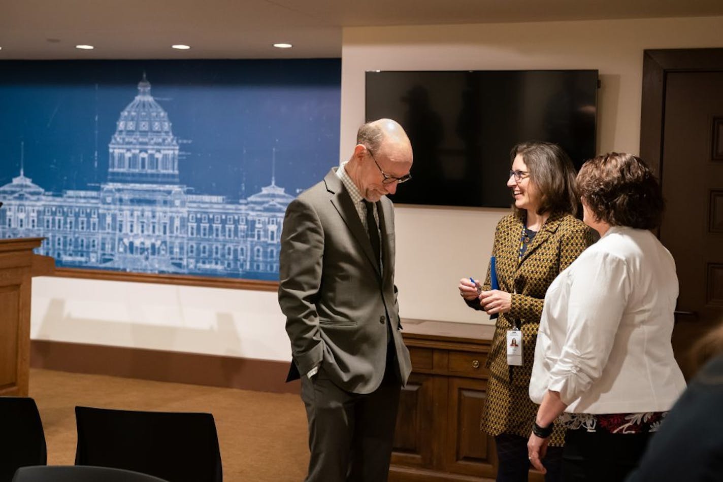 Education Commissioner Mary Cathryn Ricker spoke with DFL legislators Rep. Rep. Jim Davnie and Rep. Cheryl Youakim before she laid out a case for Gov. Tim Walz's education budget on Wednesday.