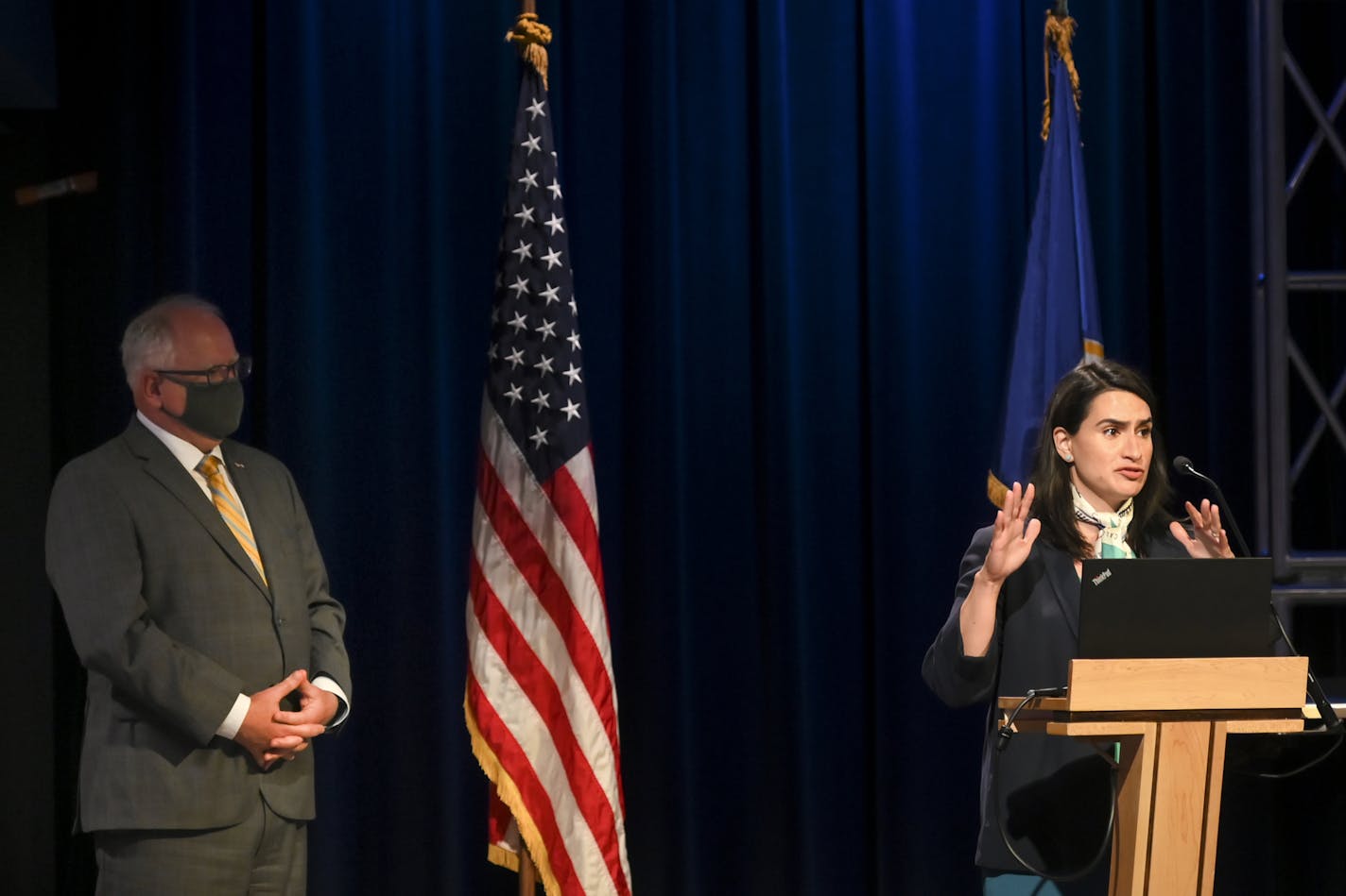 Minnesota Lt. Gov. Peggy Flanagan speaks at Thursday's press conference after Gov. Tim Walz, left, announced the learning plan for Minnesota schools for the upcoming 2020-21 school year on Thursday, July 30, 2020 at the TPT Twin Cities PBS studio in St. Paul, Minn. (Aaron Lavinsky/Star Tribune via AP, Pool)