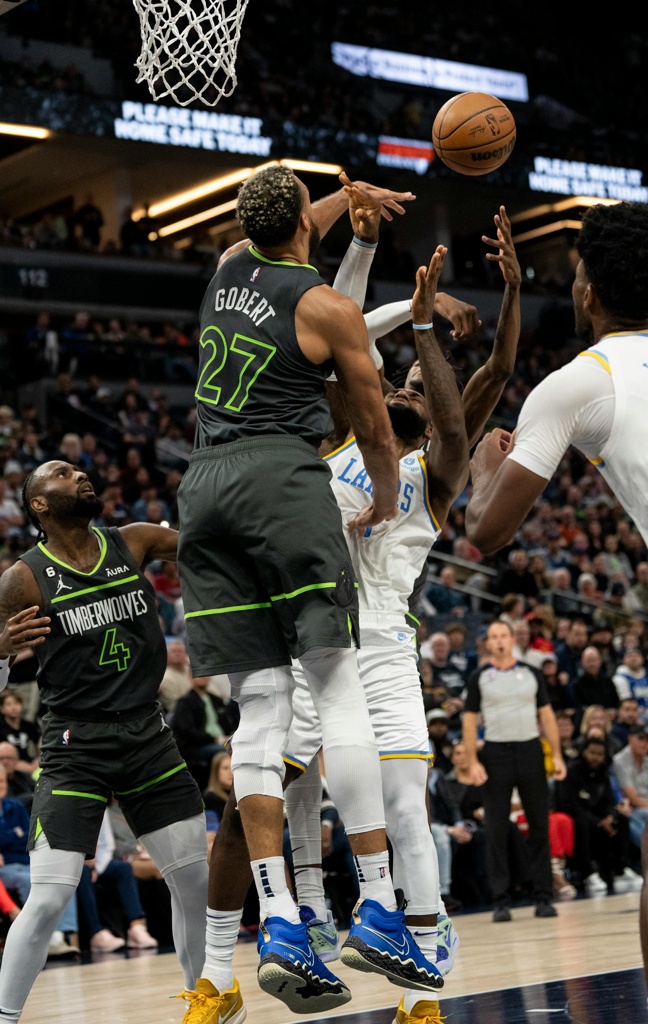 Minnesota Timberwolves center Rudy Gobert (27) blocks Los Angeles Lakers forward LeBron James (6) from scoring in the second quarter.